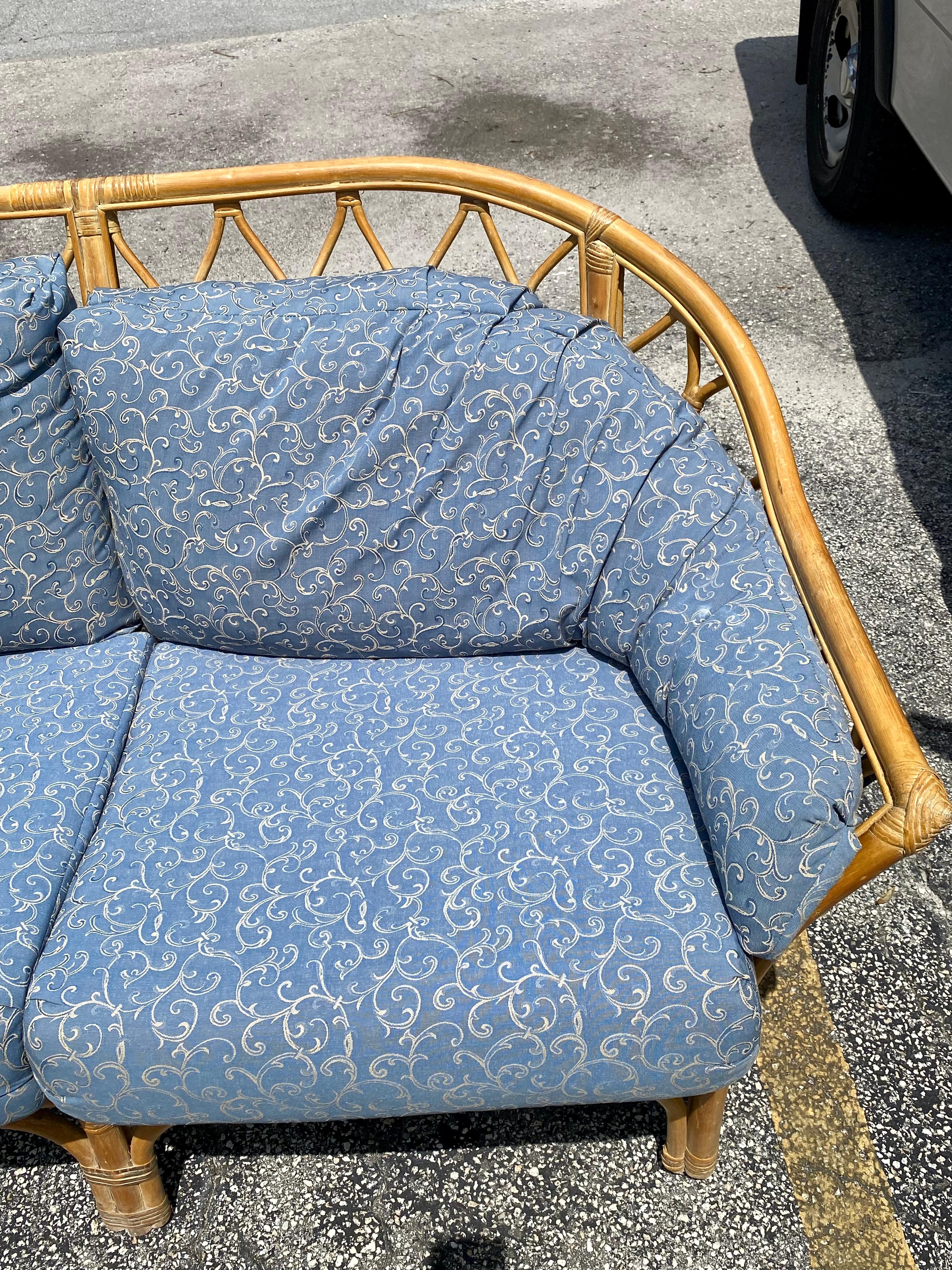 Upholstery 1970s Sculptural Curved Rattan Denim Blue Loveseat  For Sale