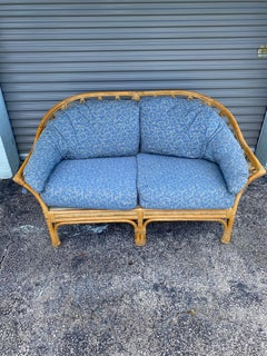 1970s Sculptural Curved Rattan Denim Blue Loveseat