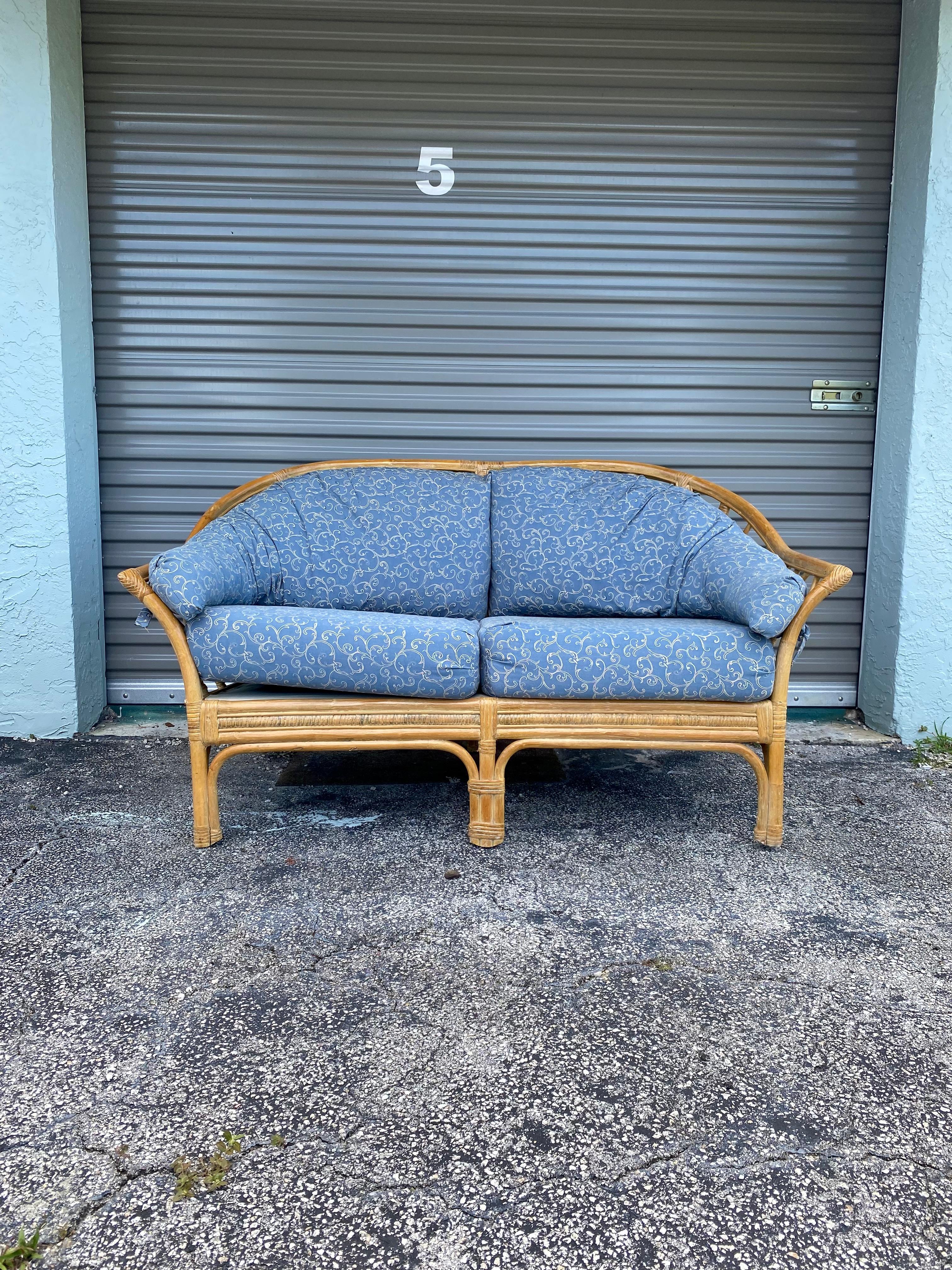 Chinoiserie 1970s Sculptural Curved Rattan Denim Blue Loveseat  For Sale