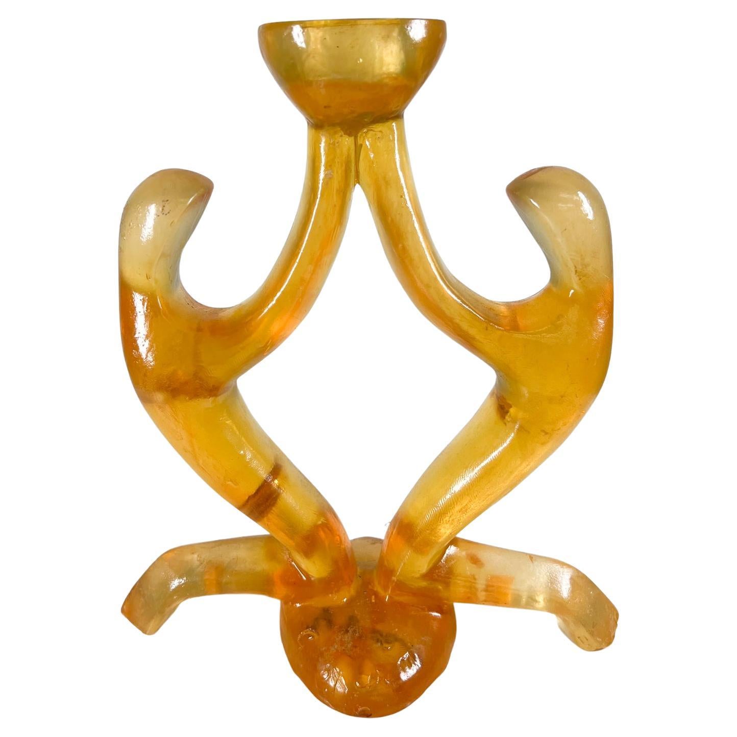 1970s Sculptural Design Modern Amber Single Candle Holder Signed For Sale
