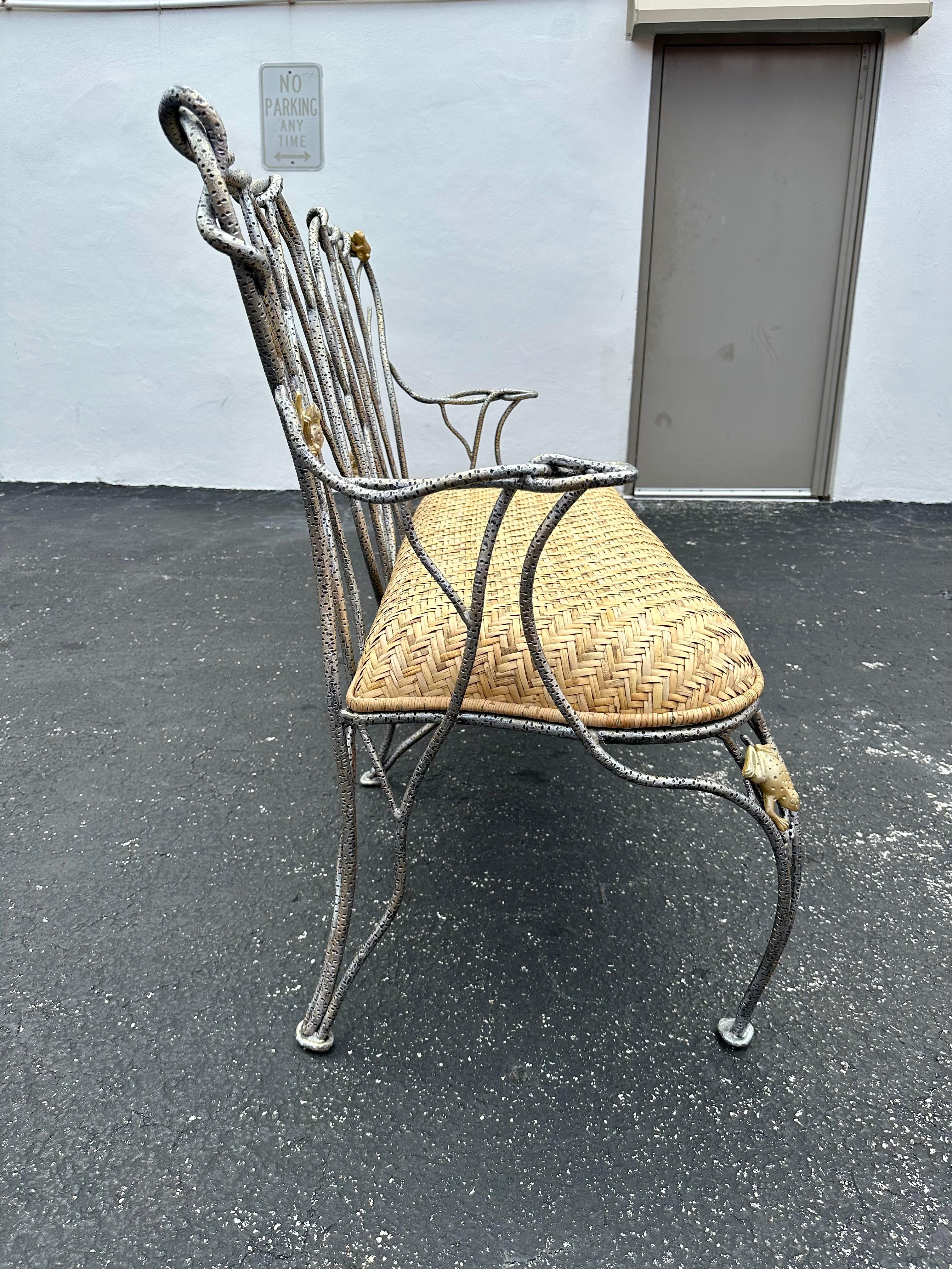 1970s Sculptural Faux Wood Branches Frog Motifs Wrought Iron Rattan Settee Bench For Sale 4