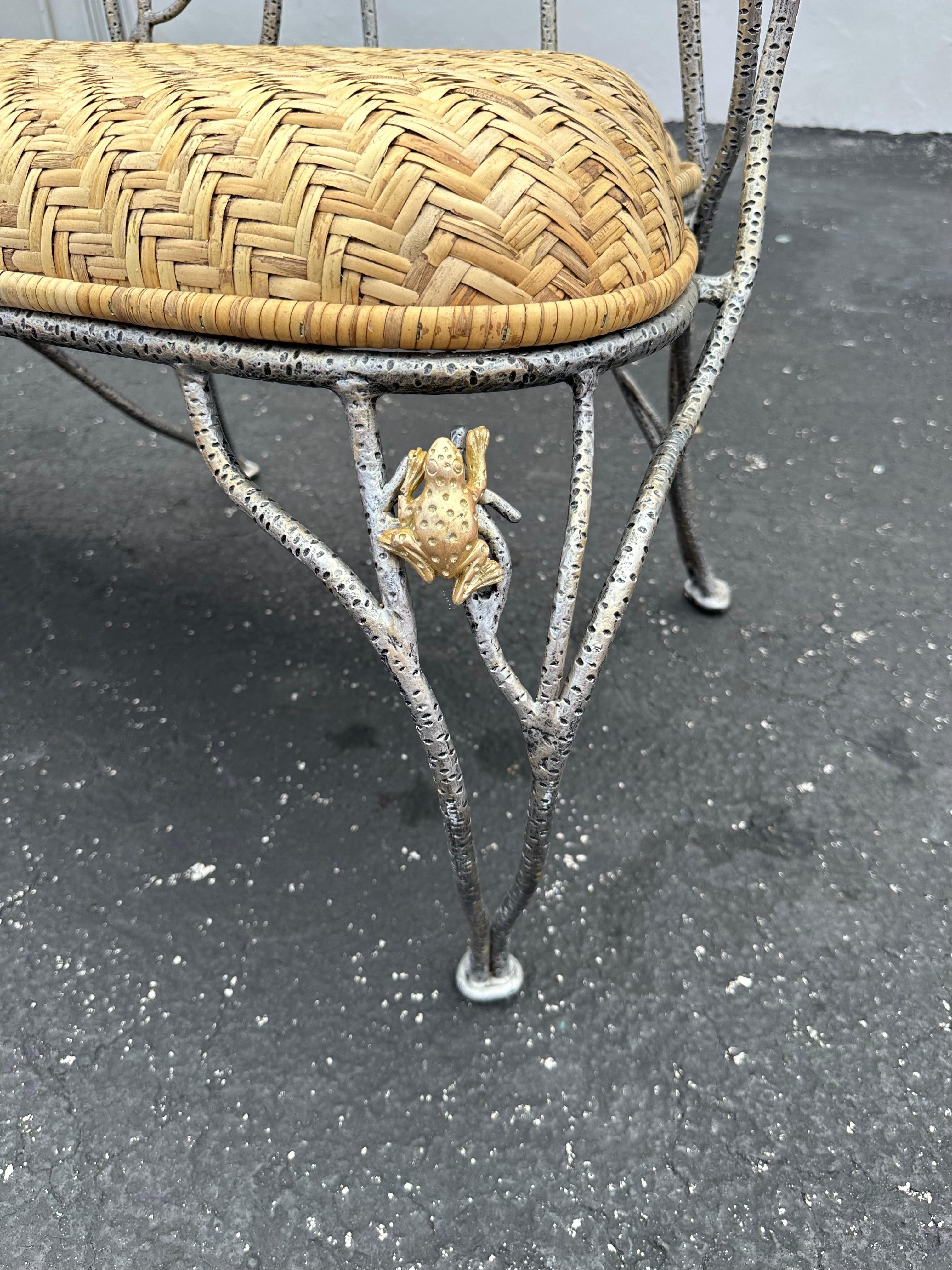 1970s Sculptural Faux Wood Branches Frog Motifs Wrought Iron Rattan Settee Bench For Sale 5