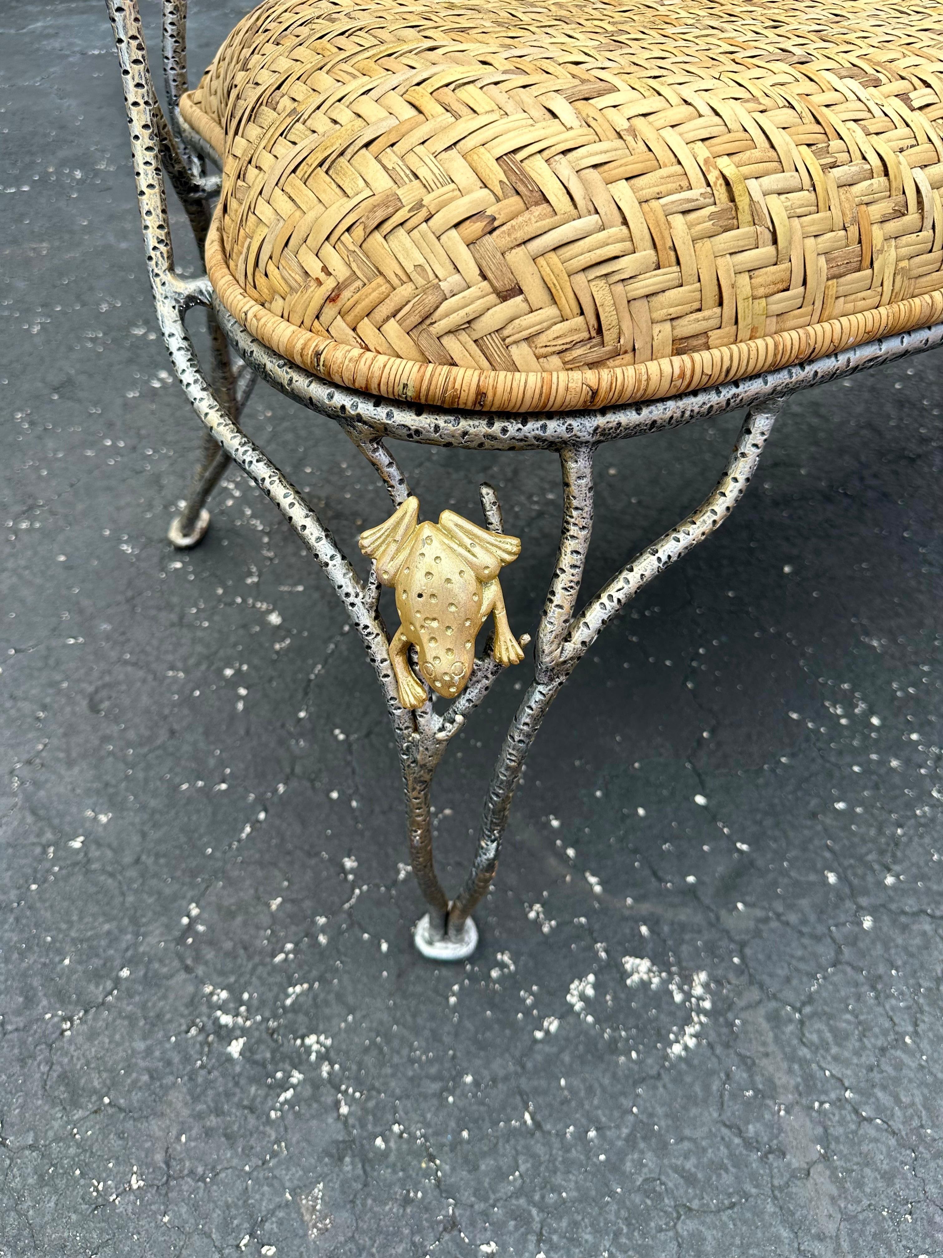 1970s Sculptural Faux Wood Branches Frog Motifs Wrought Iron Rattan Settee Bench For Sale 6