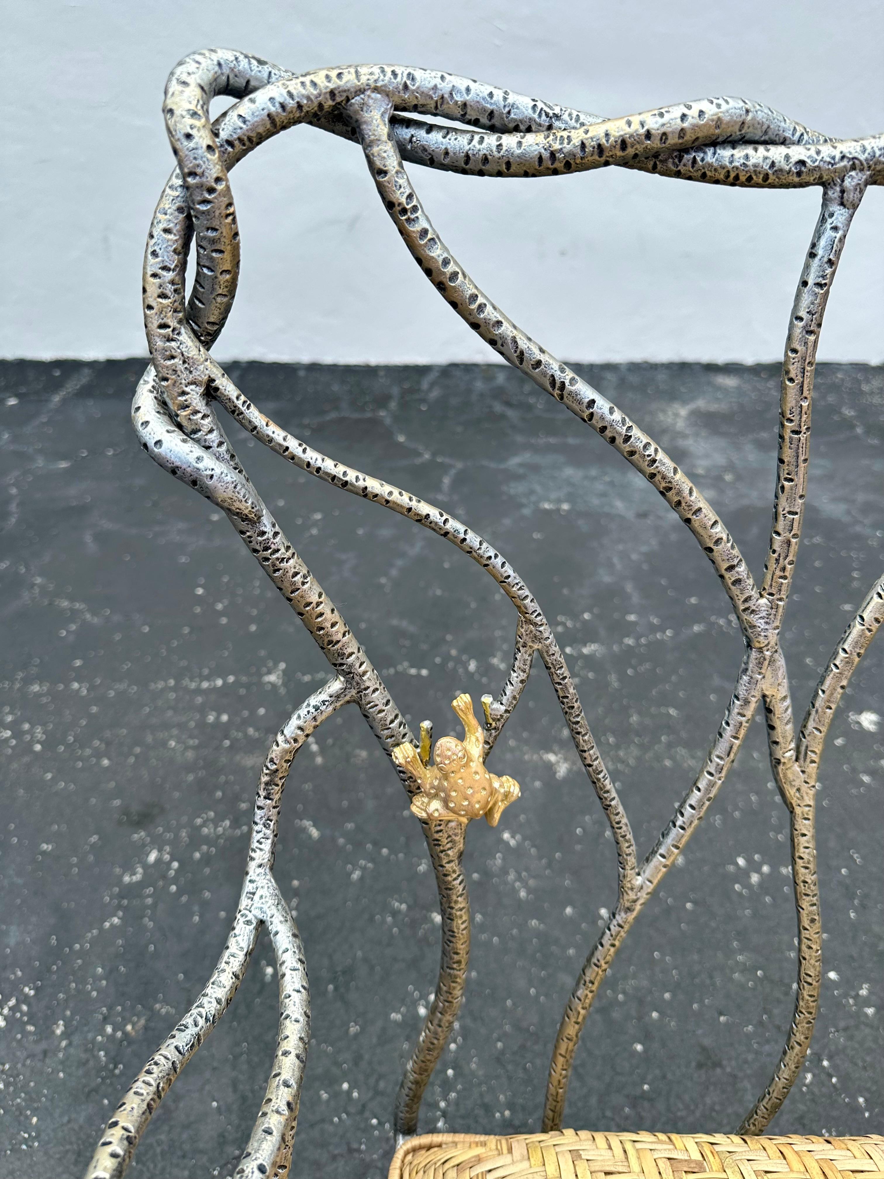 1970s Sculptural Faux Wood Branches Frog Motifs Wrought Iron Rattan Settee Bench For Sale 7