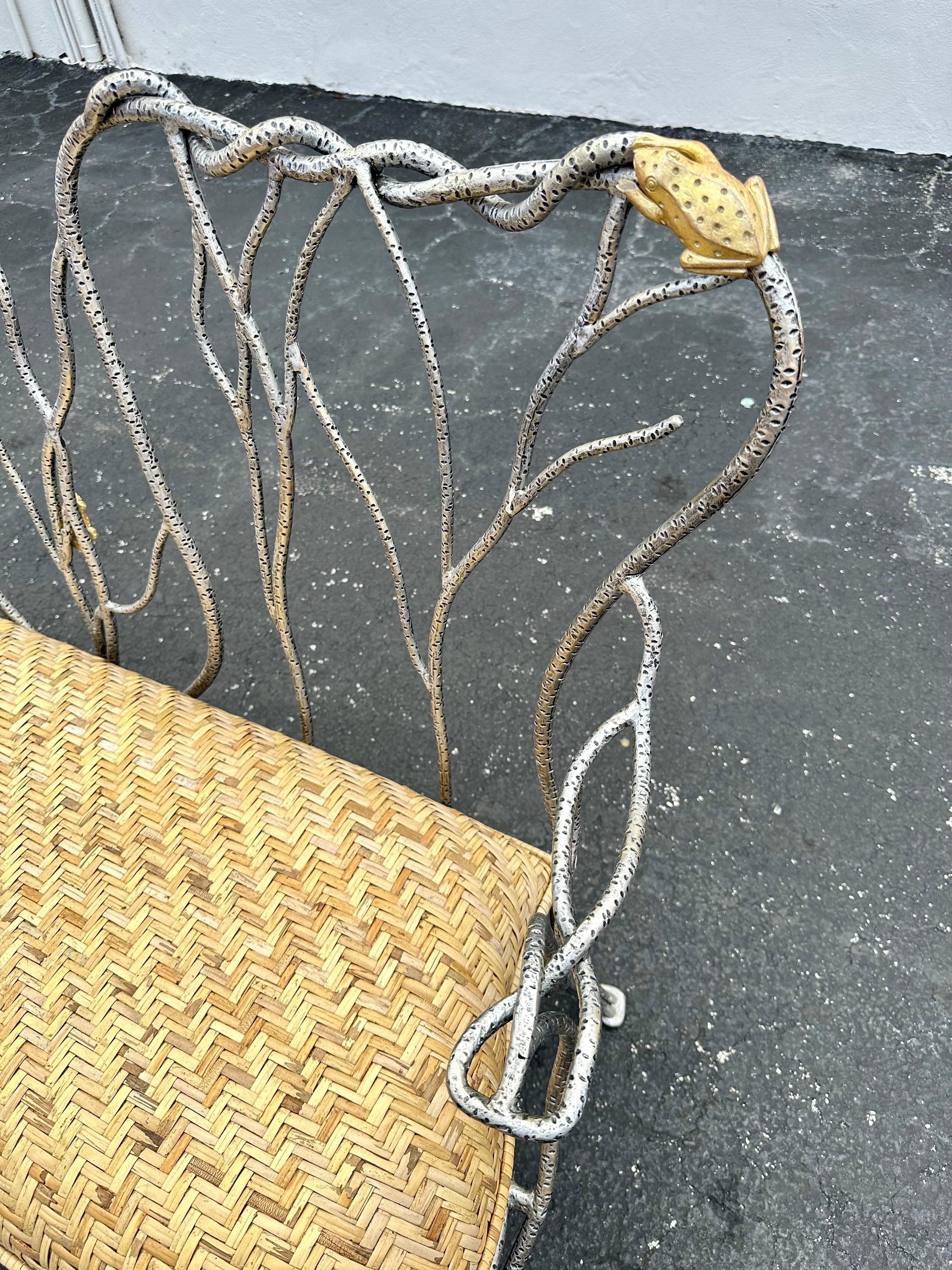 1970s Sculptural Faux Wood Branches Frog Motifs Wrought Iron Rattan Settee Bench For Sale 8