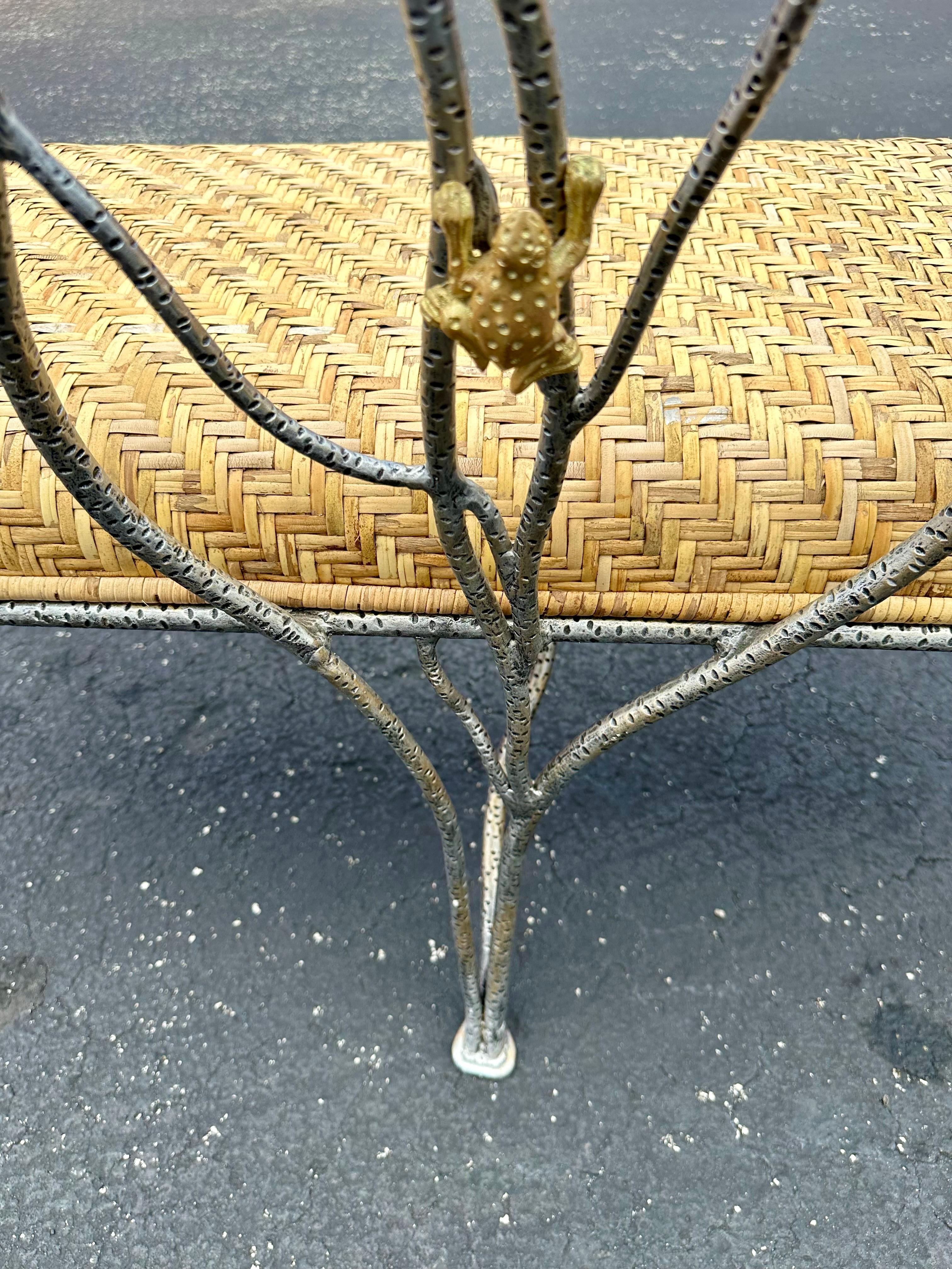1970s Sculptural Faux Wood Branches Frog Motifs Wrought Iron Rattan Settee Bench For Sale 9