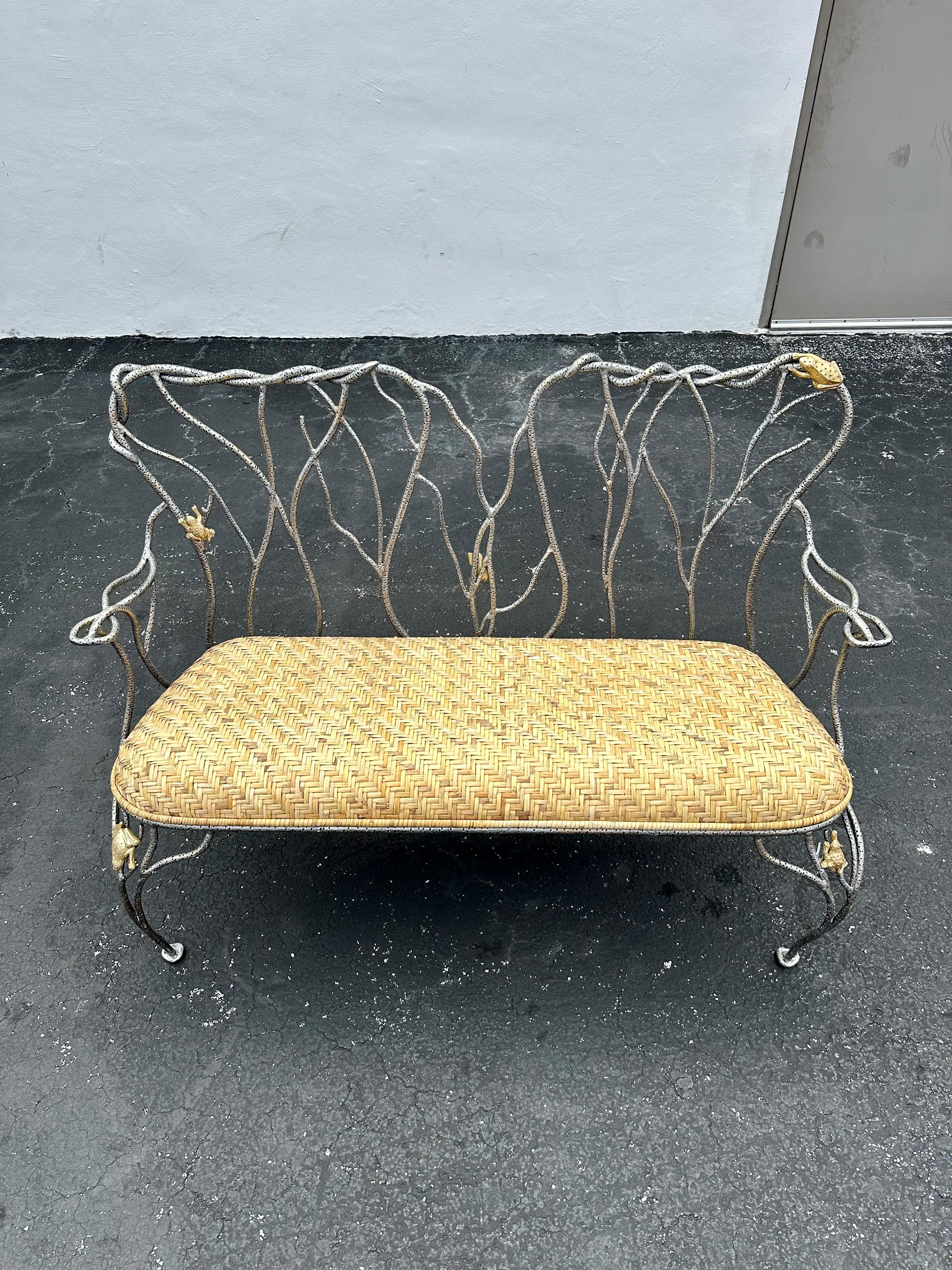Mid-Century Modern 1970s Sculptural Faux Wood Branches Frog Motifs Wrought Iron Rattan Settee Bench For Sale