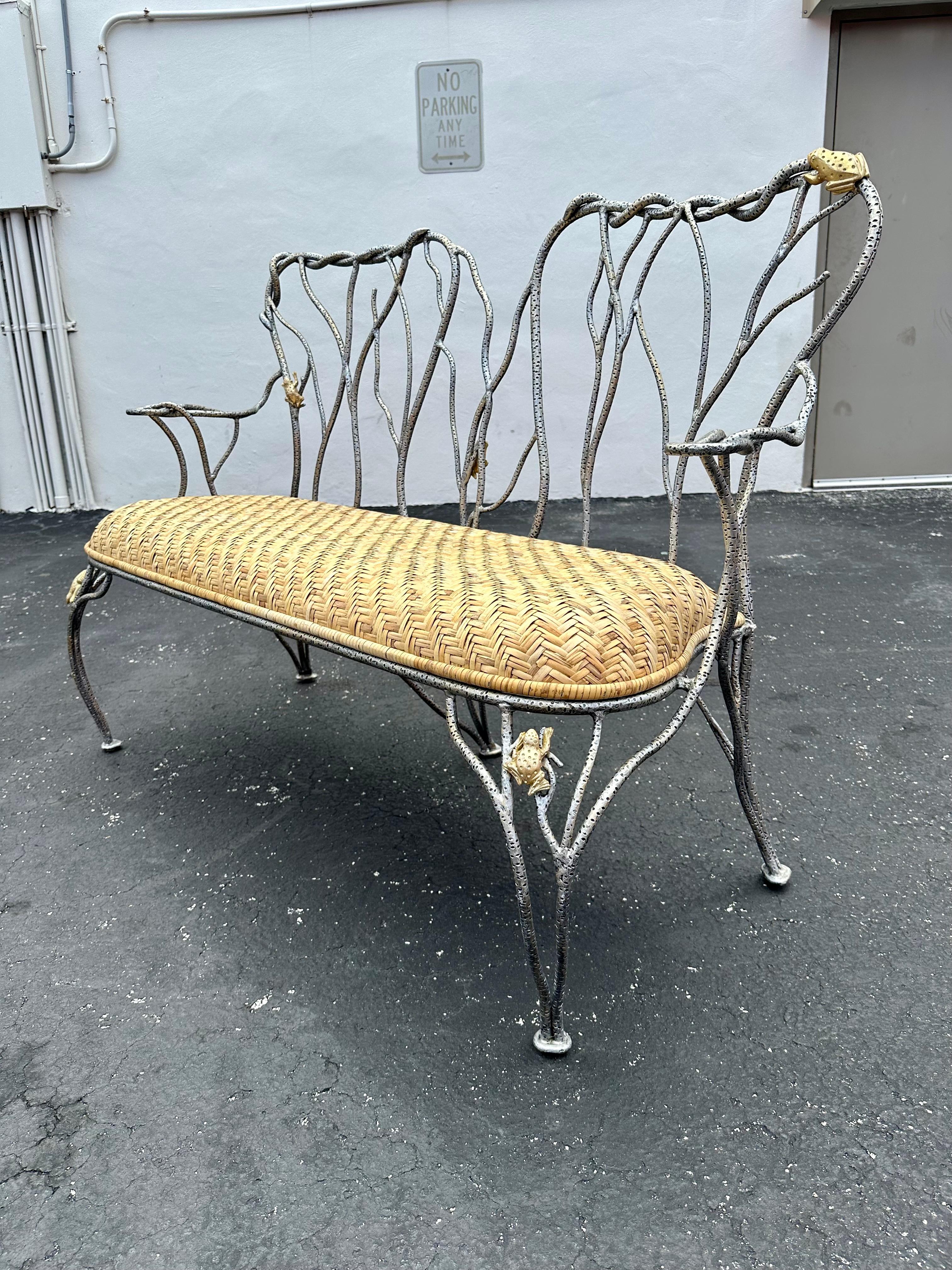 European 1970s Sculptural Faux Wood Branches Frog Motifs Wrought Iron Rattan Settee Bench For Sale