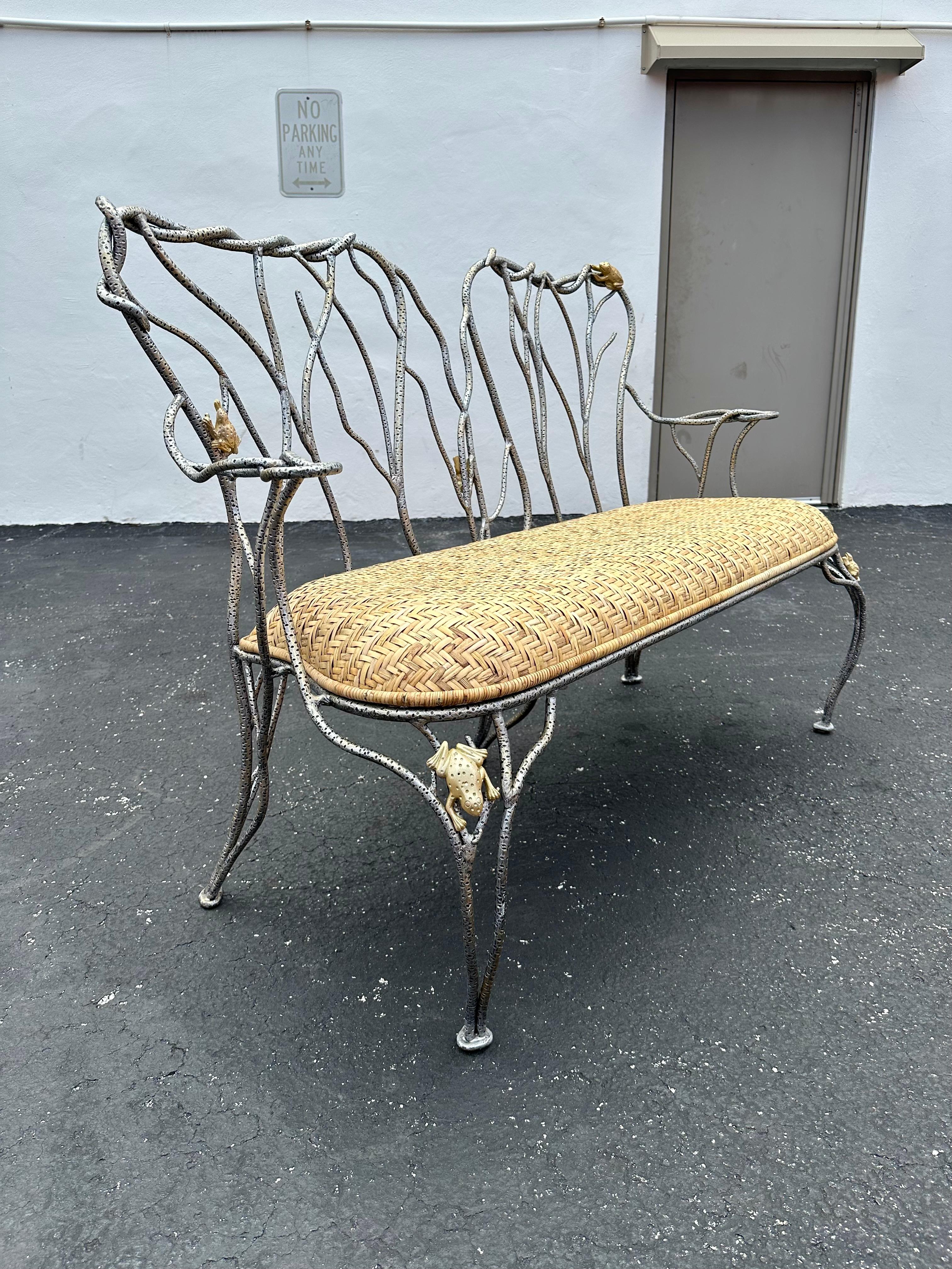 1970s Sculptural Faux Wood Branches Frog Motifs Wrought Iron Rattan Settee Bench In Good Condition For Sale In Fort Lauderdale, FL