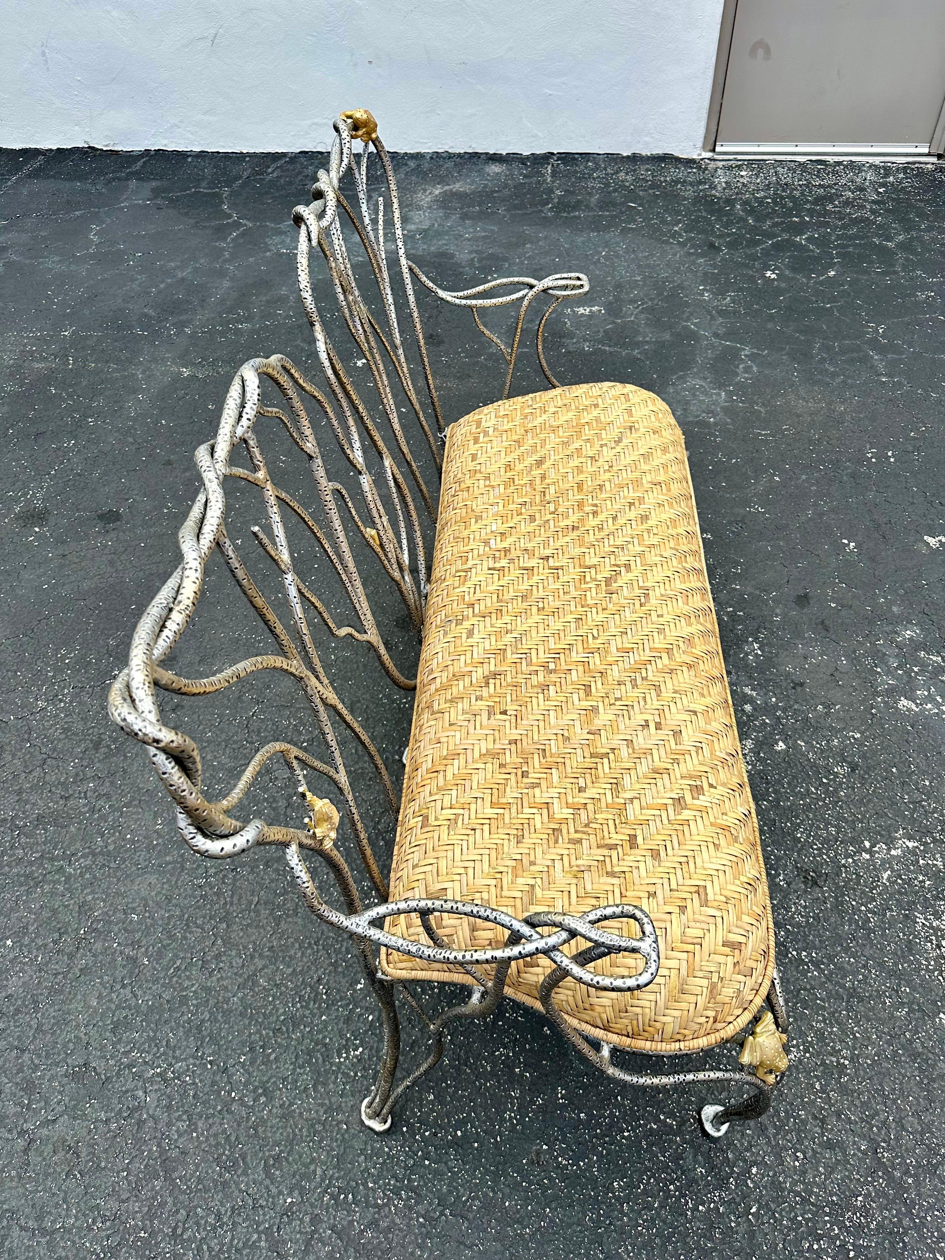 Late 20th Century 1970s Sculptural Faux Wood Branches Frog Motifs Wrought Iron Rattan Settee Bench For Sale