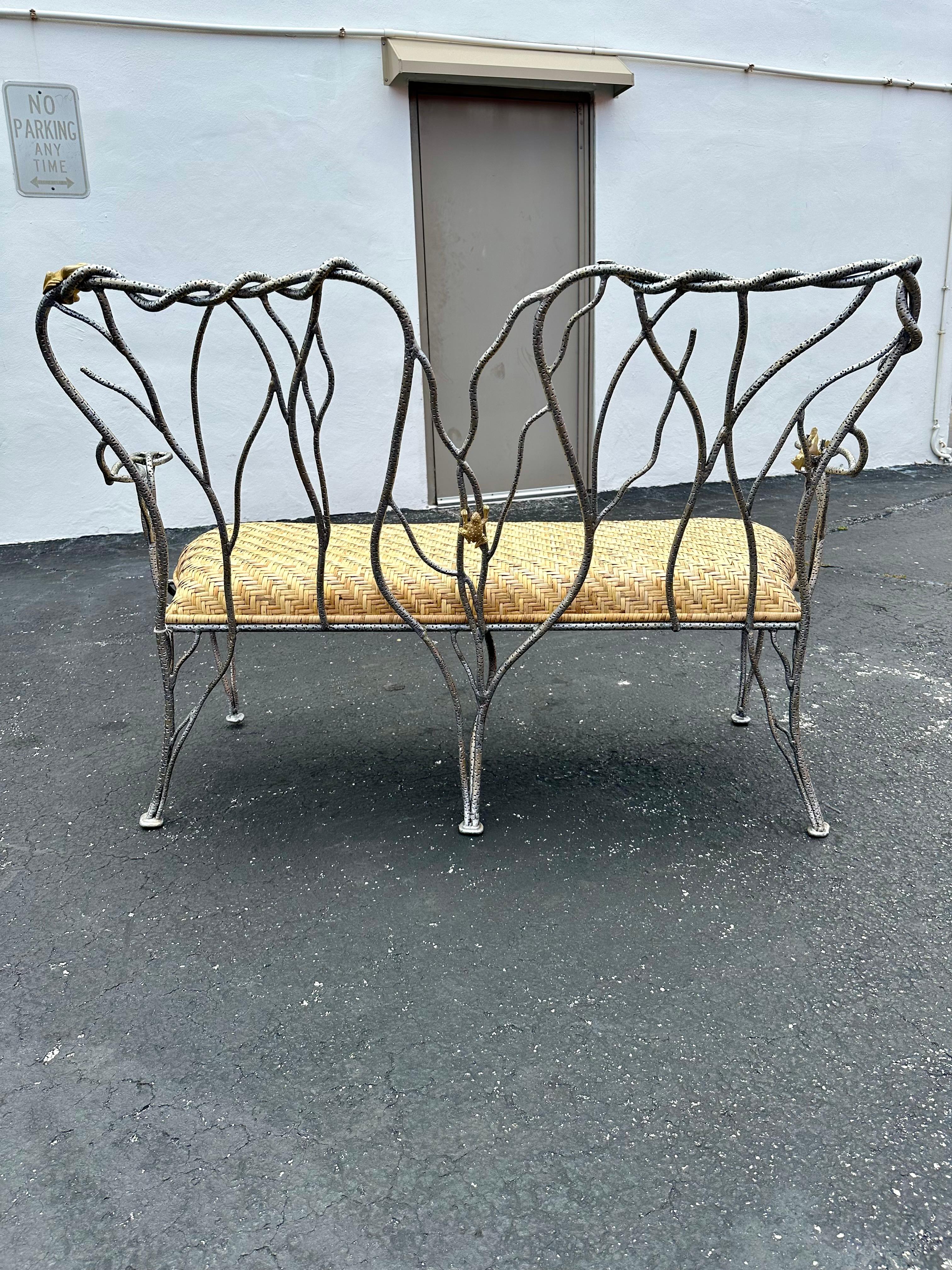 1970s Sculptural Faux Wood Branches Frog Motifs Wrought Iron Rattan Settee Bench For Sale 1