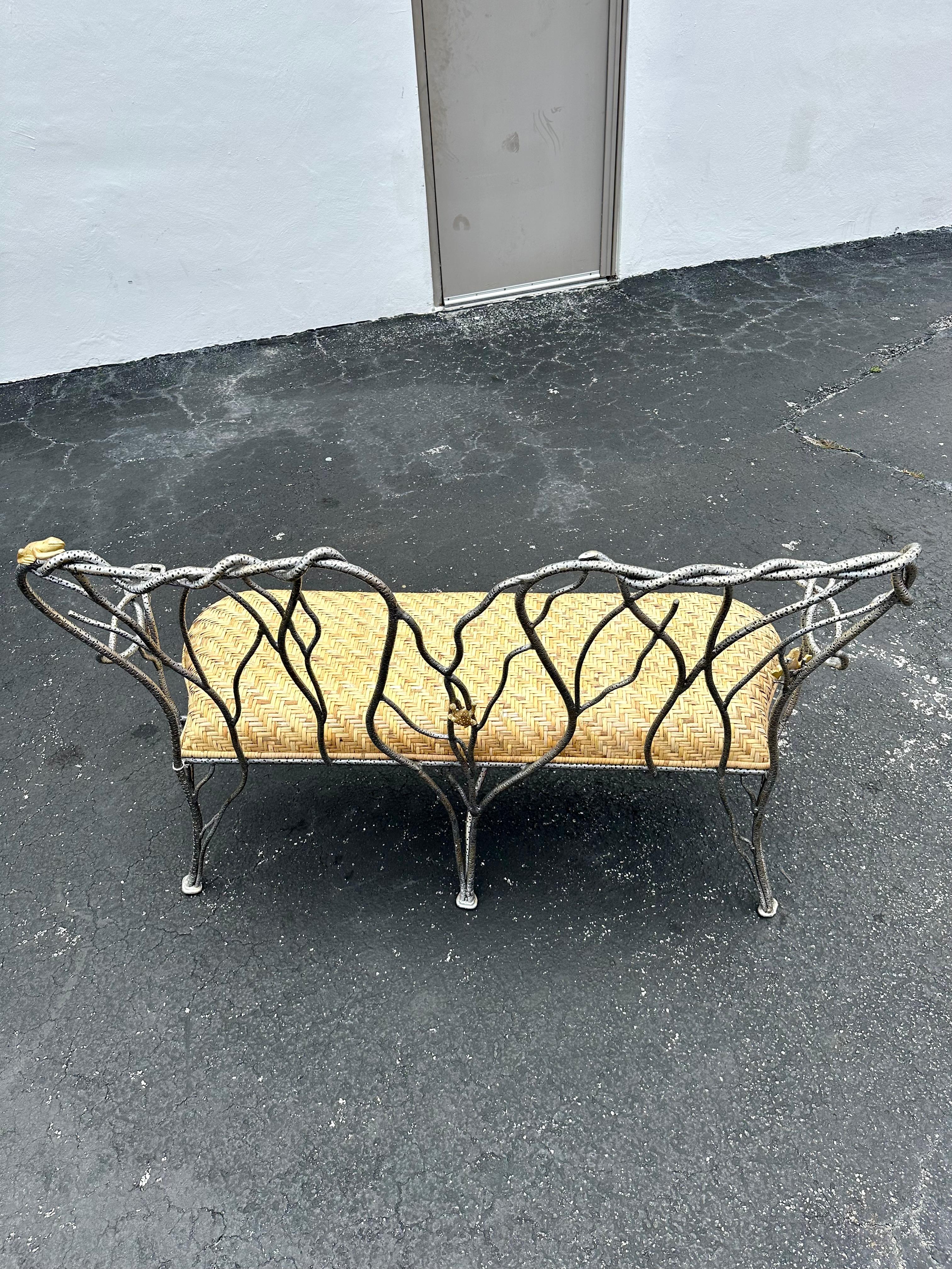 1970s Sculptural Faux Wood Branches Frog Motifs Wrought Iron Rattan Settee Bench For Sale 2