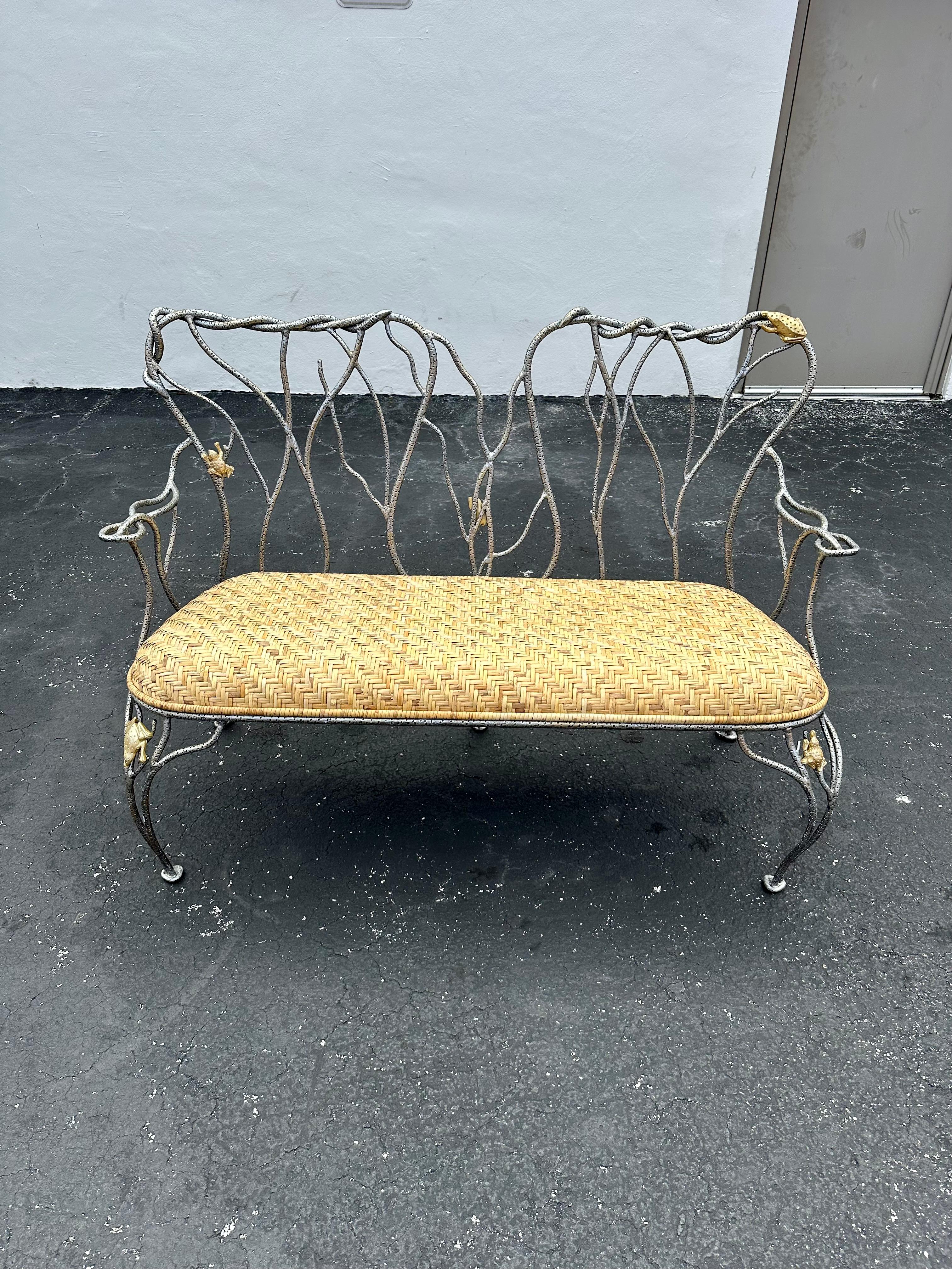 1970s Sculptural Faux Wood Branches Frog Motifs Wrought Iron Rattan Settee Bench For Sale 3