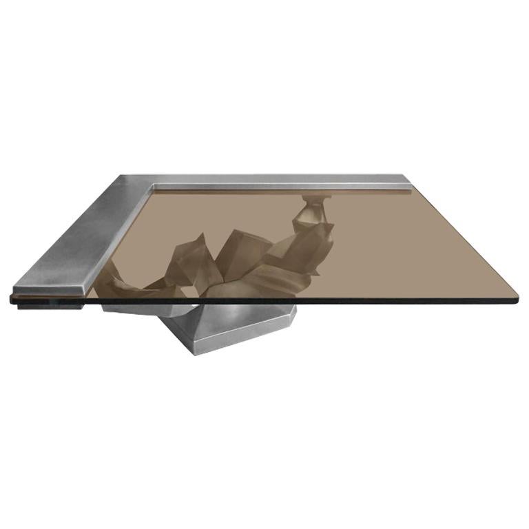 1970s Sculptural French Brushed Stainless Steel Coffee Table For Sale