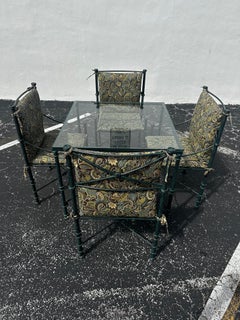 1970s Giacometti Tortoise Green Faux Bamboo Iron Table and Chairs, set of 5