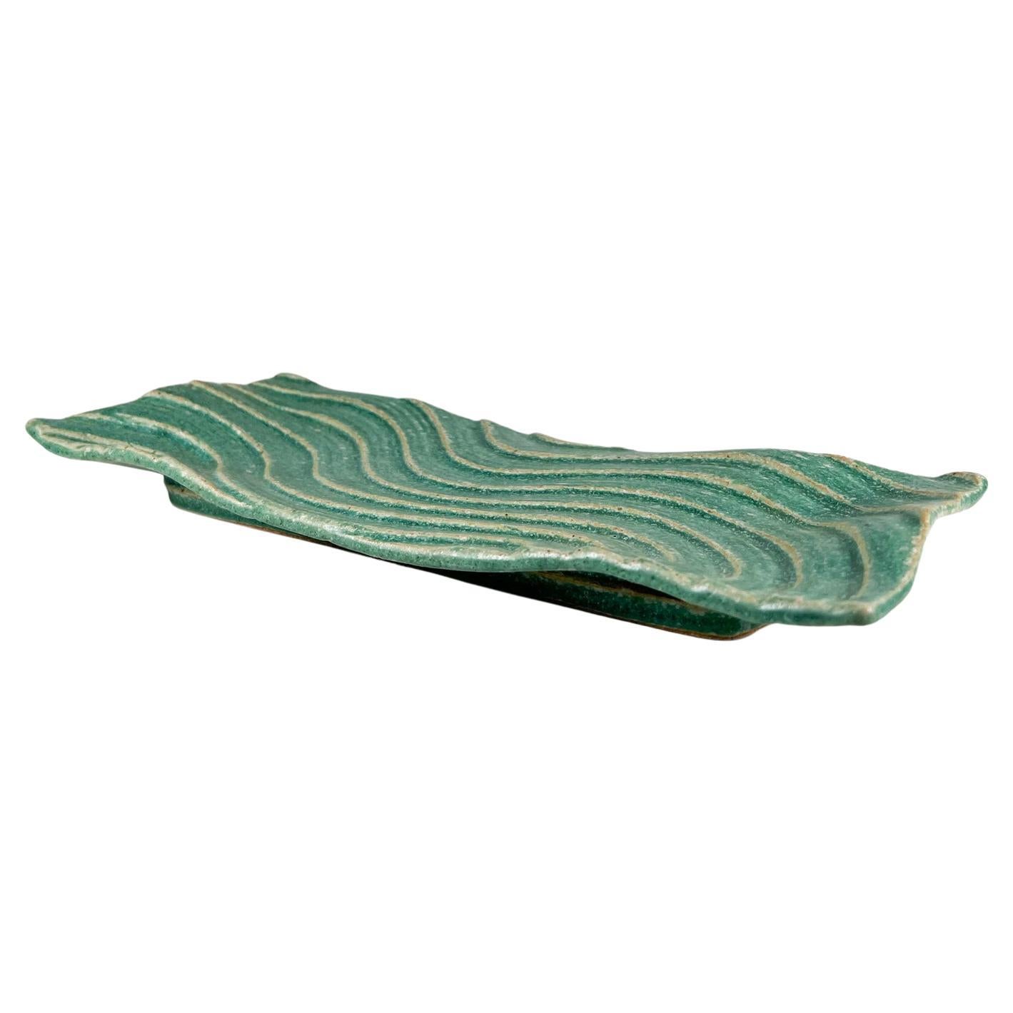 Mid-Century Modern 1970s Sculptural Green Wave Dish Studio Art Stoneware Pottery Artist Ed Thompson