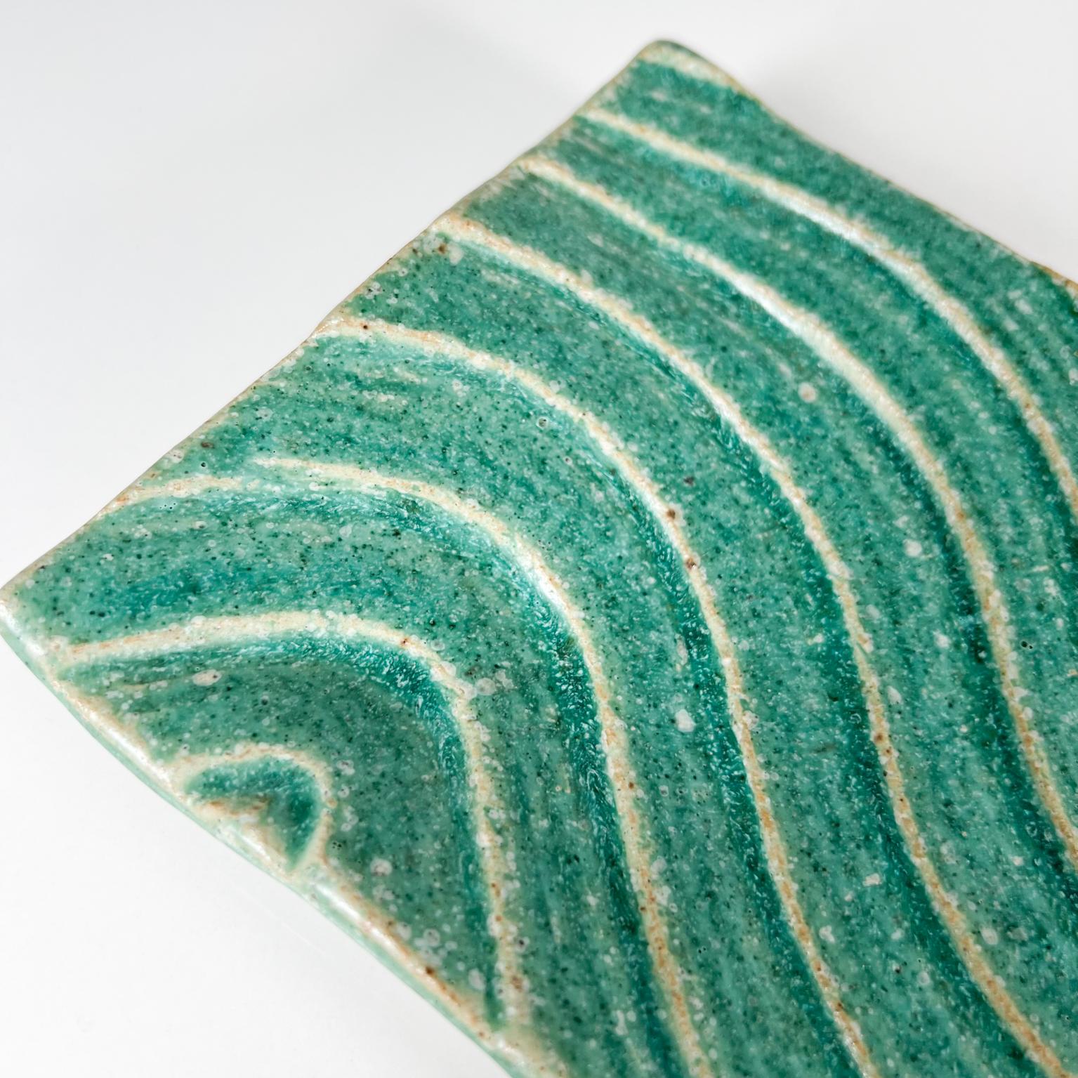 1970s Sculptural Green Wave Dish Studio Art Stoneware Pottery Artist Ed Thompson 1
