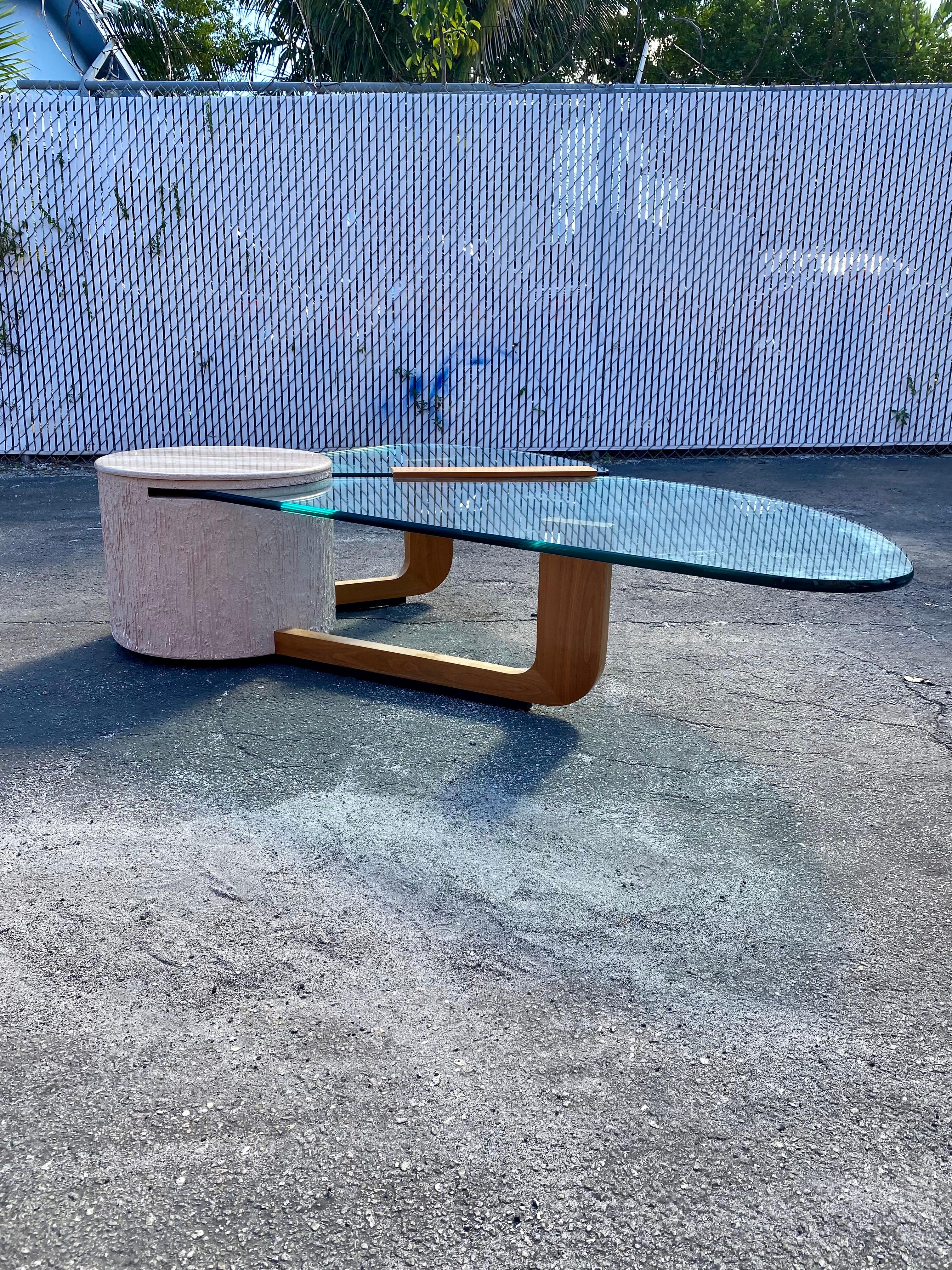 Mid-Century Modern 1970s Sculptural Cantilevered Marble Wood and Glass Coffee Table For Sale