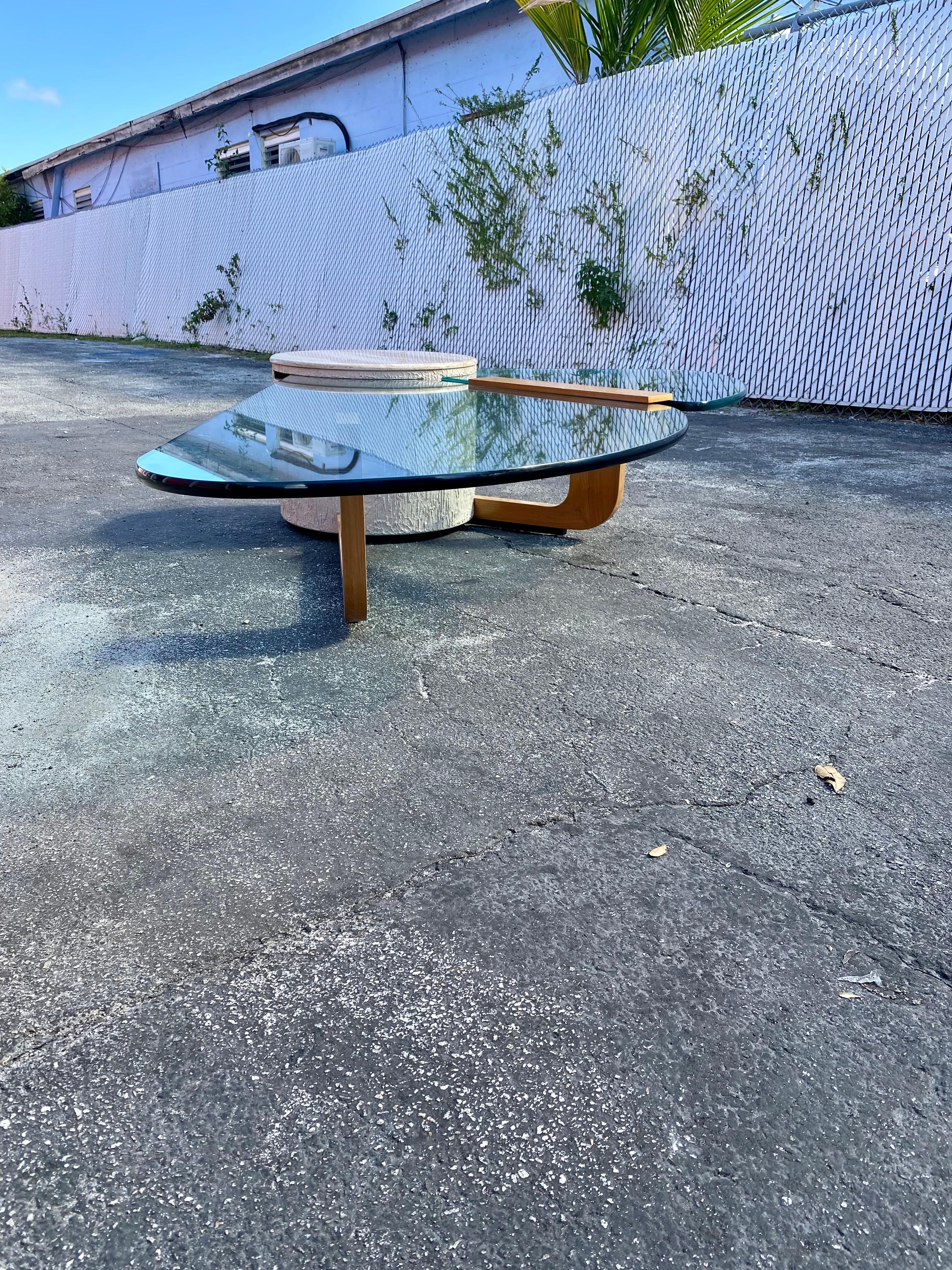 1970s Sculptural Cantilevered Marble Wood and Glass Coffee Table In Good Condition For Sale In Fort Lauderdale, FL