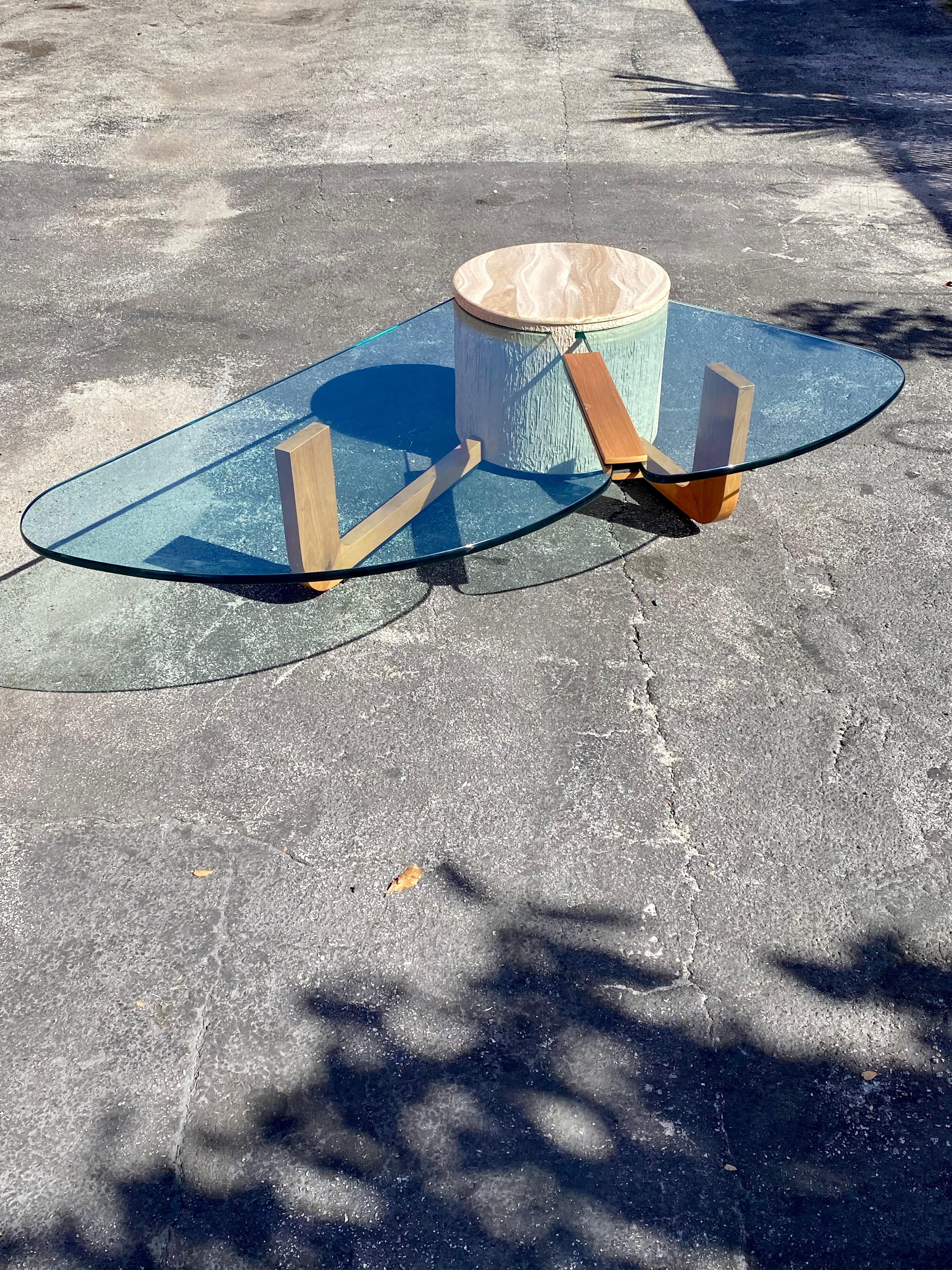Late 20th Century 1970s Sculptural Cantilevered Marble Wood and Glass Coffee Table For Sale