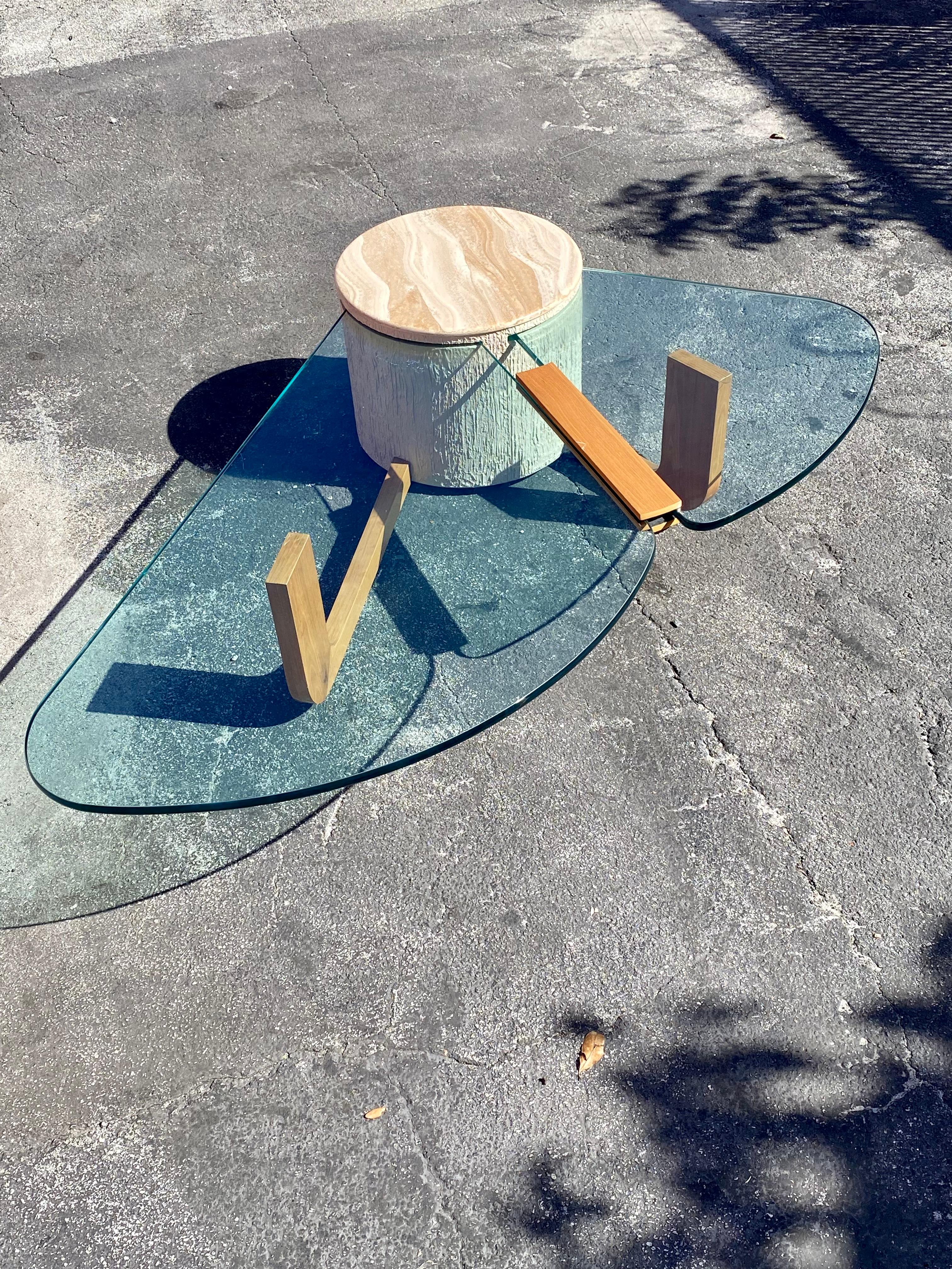 1970s Sculptural Cantilevered Marble Wood and Glass Coffee Table For Sale 3