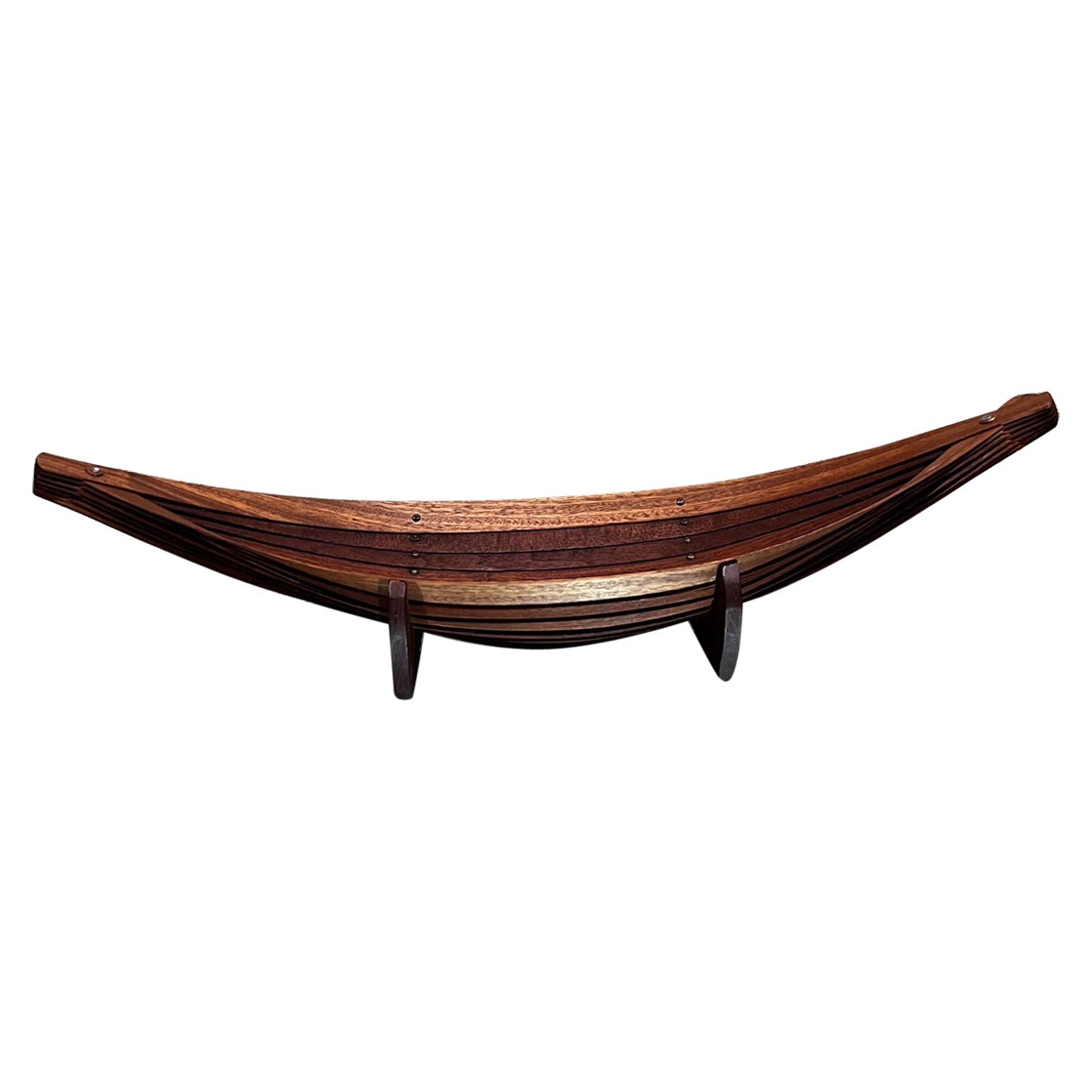 1970s Sculptural Modern Mahogany Wood and Brass Canoe Bowl