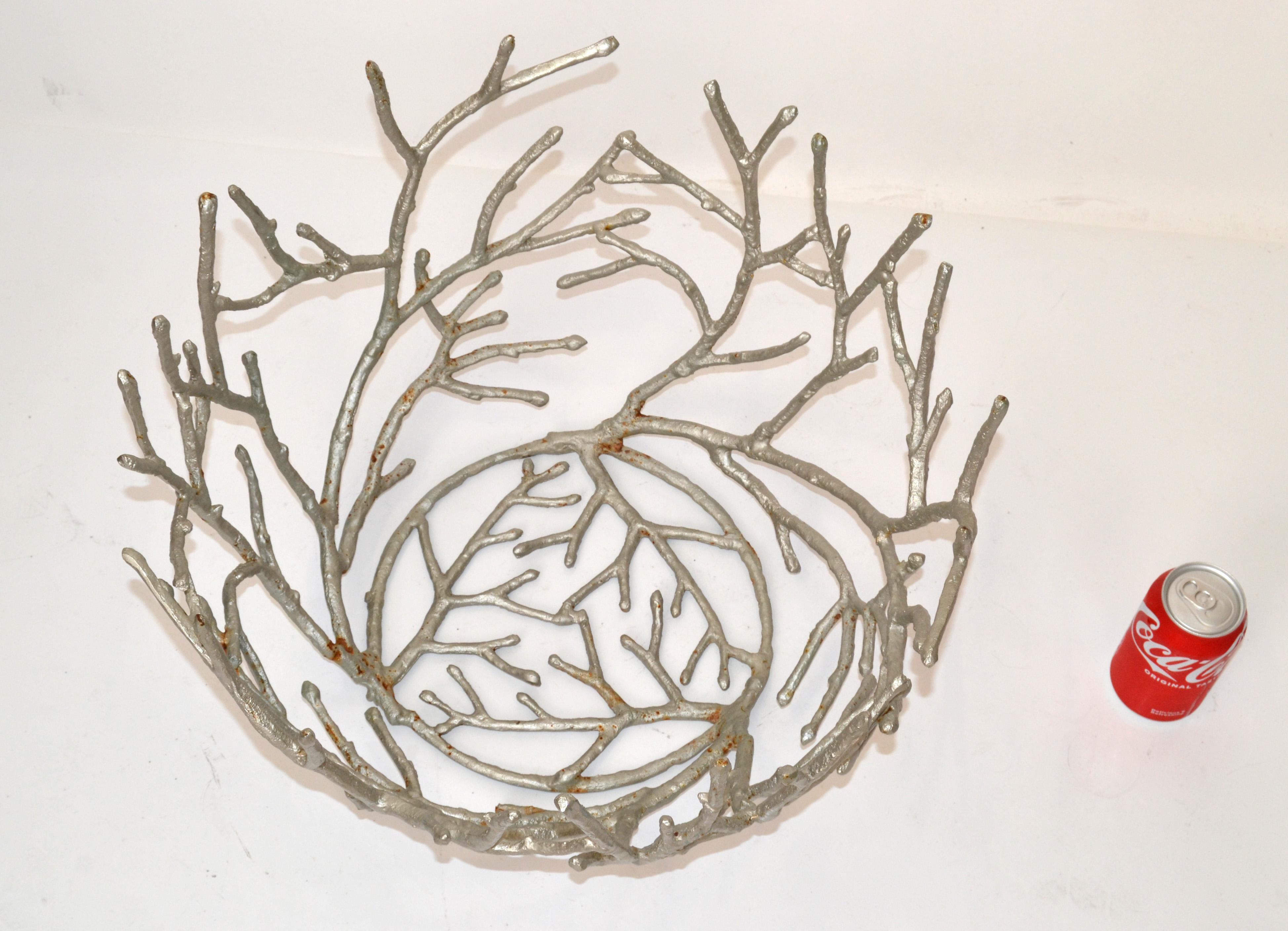Hand-Crafted 1970s, Sculptural Organic Coral Shaped Distressed Silver Finish Aluminum Planter For Sale