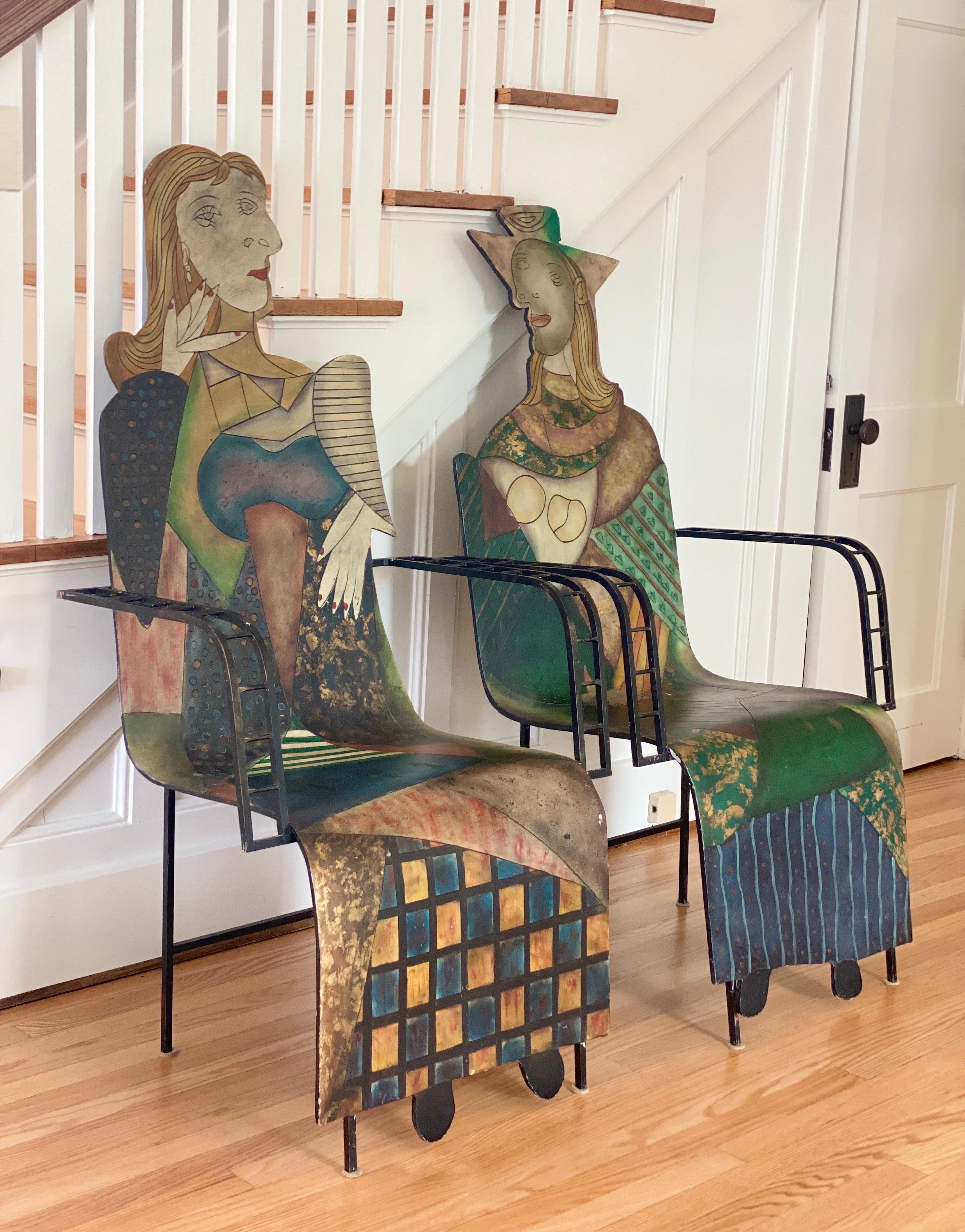 We are very pleased to offer a pair of sculptural chairs inspired in the works of Spanish painter Pablo Picasso, circa the 1970s. One of the most influential artists of the Twentieth Century, he is known for co-founding the Cubist movement, the