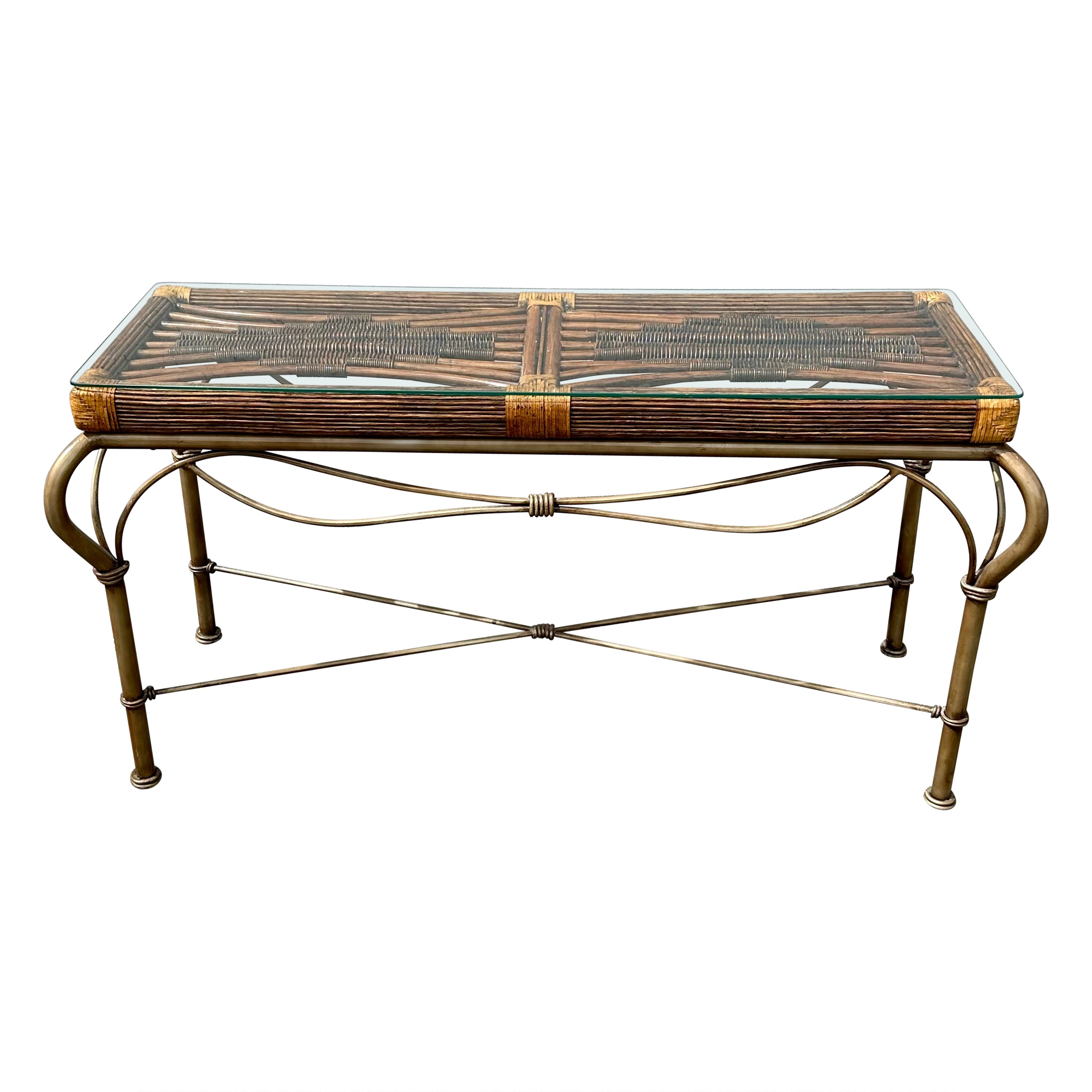 1970s Sculptural Rattan Faux Bamboo Aluminum Glass Console Table