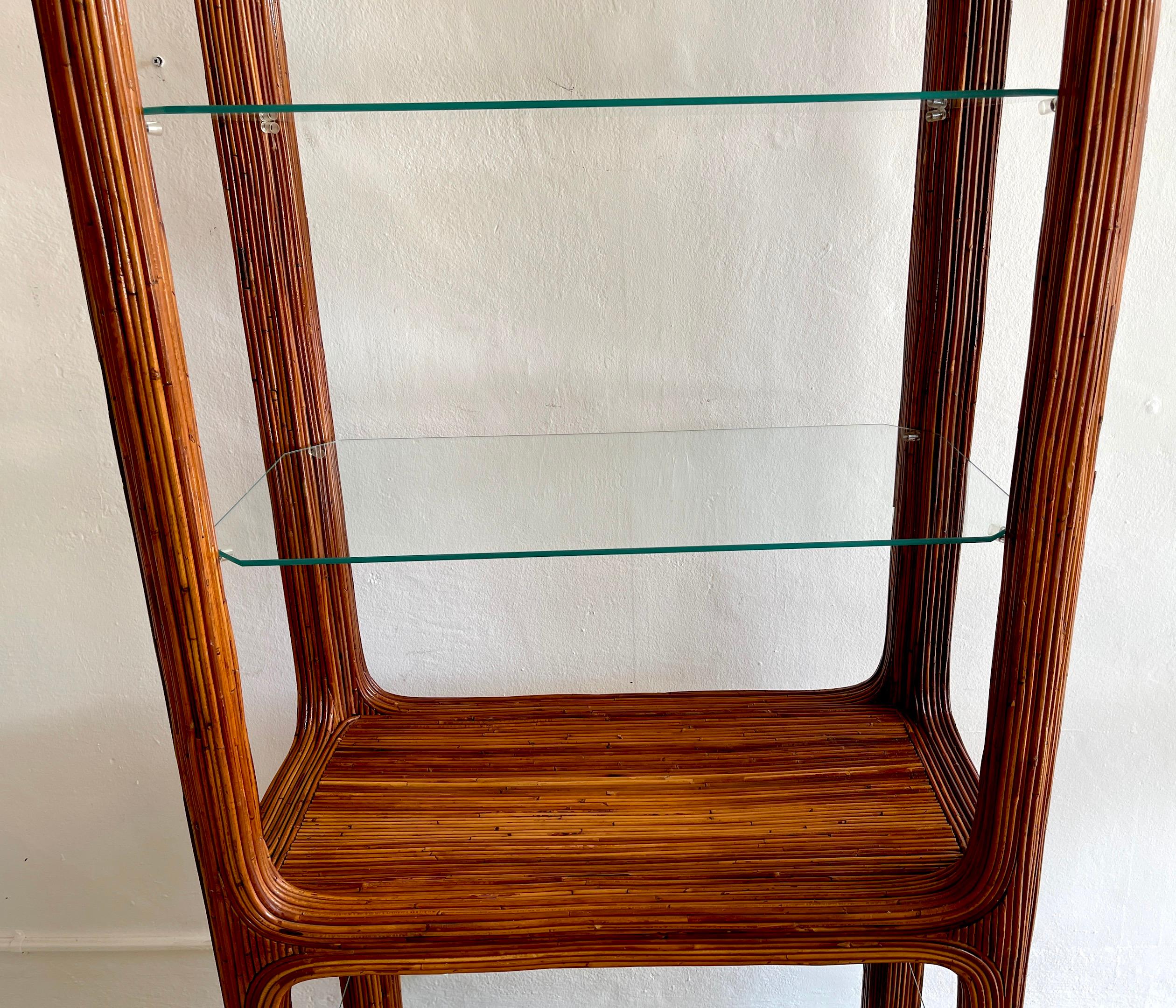 American 1970s Sculptural Rattan & Glass Etagere For Sale