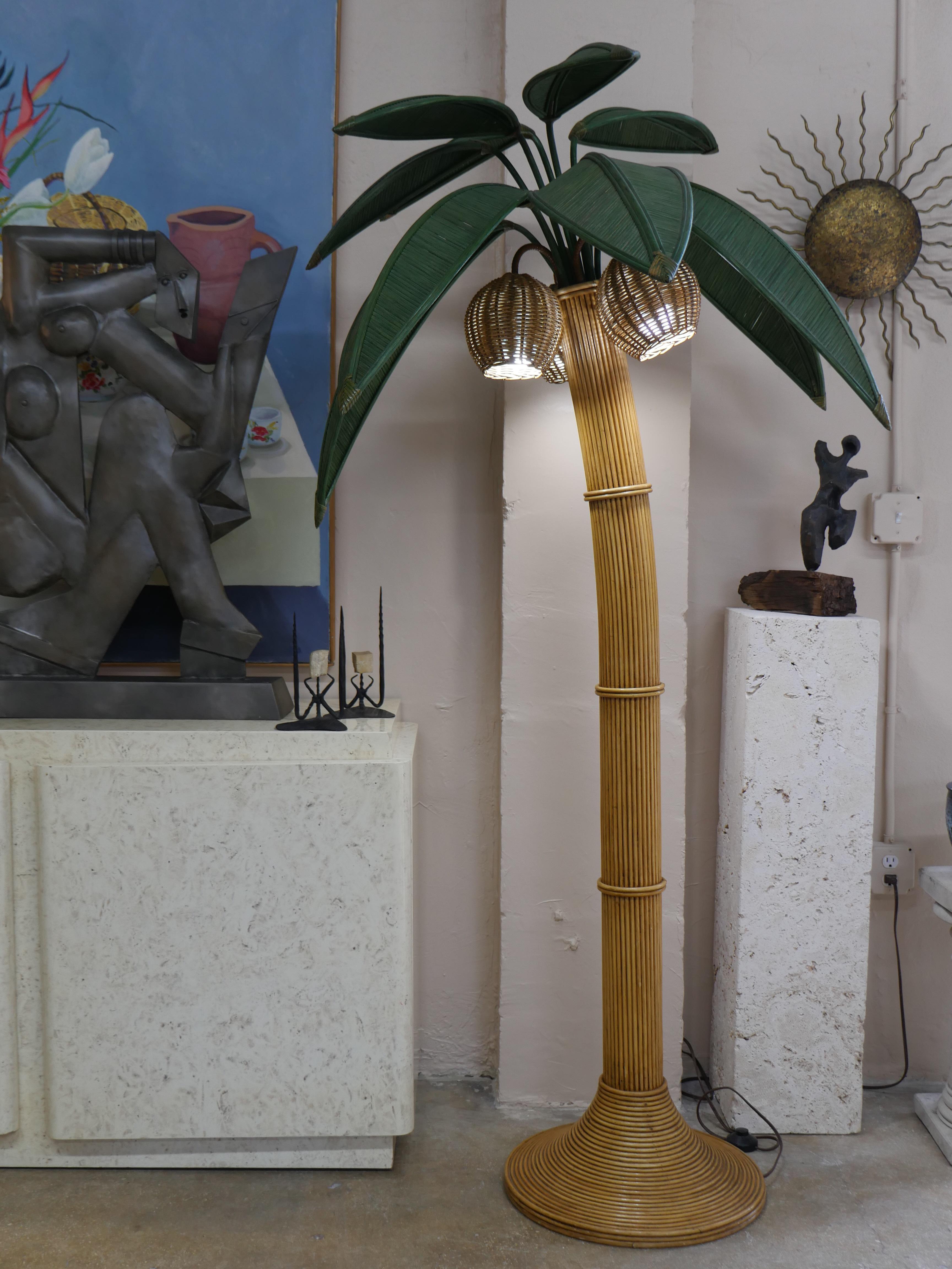 Bohemian 1970s Sculptural Rattan Palm Tree Floor Lamp