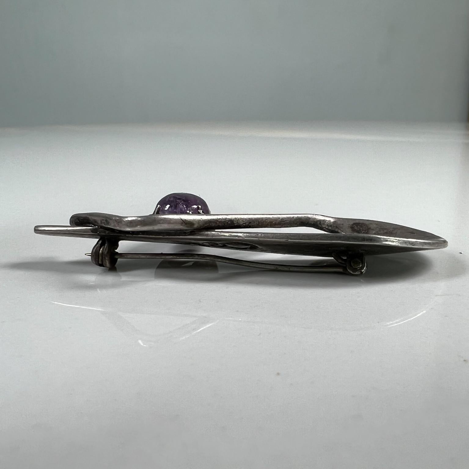 1970s Sculptural Sterling Silver Amethyst Brooch Pin Mexican Modernist For Sale 1
