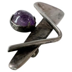 1970s Sculptural Sterling Silver Amethyst Brooch Pin Mexican Modernist