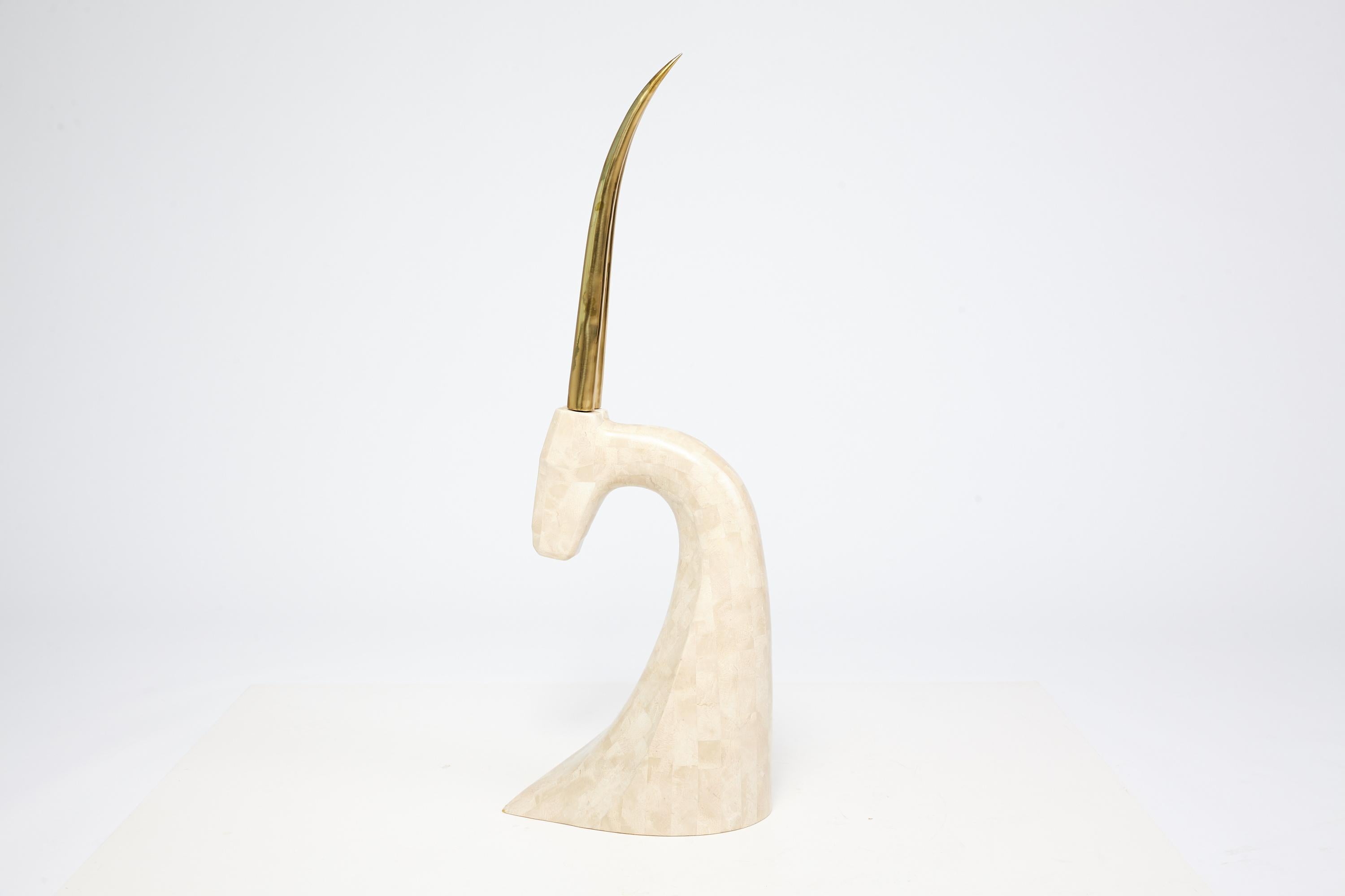 Karl Springer Style Tessellated Travertine and Brass Gazelle Sculpture In Good Condition For Sale In Saint Louis, MO