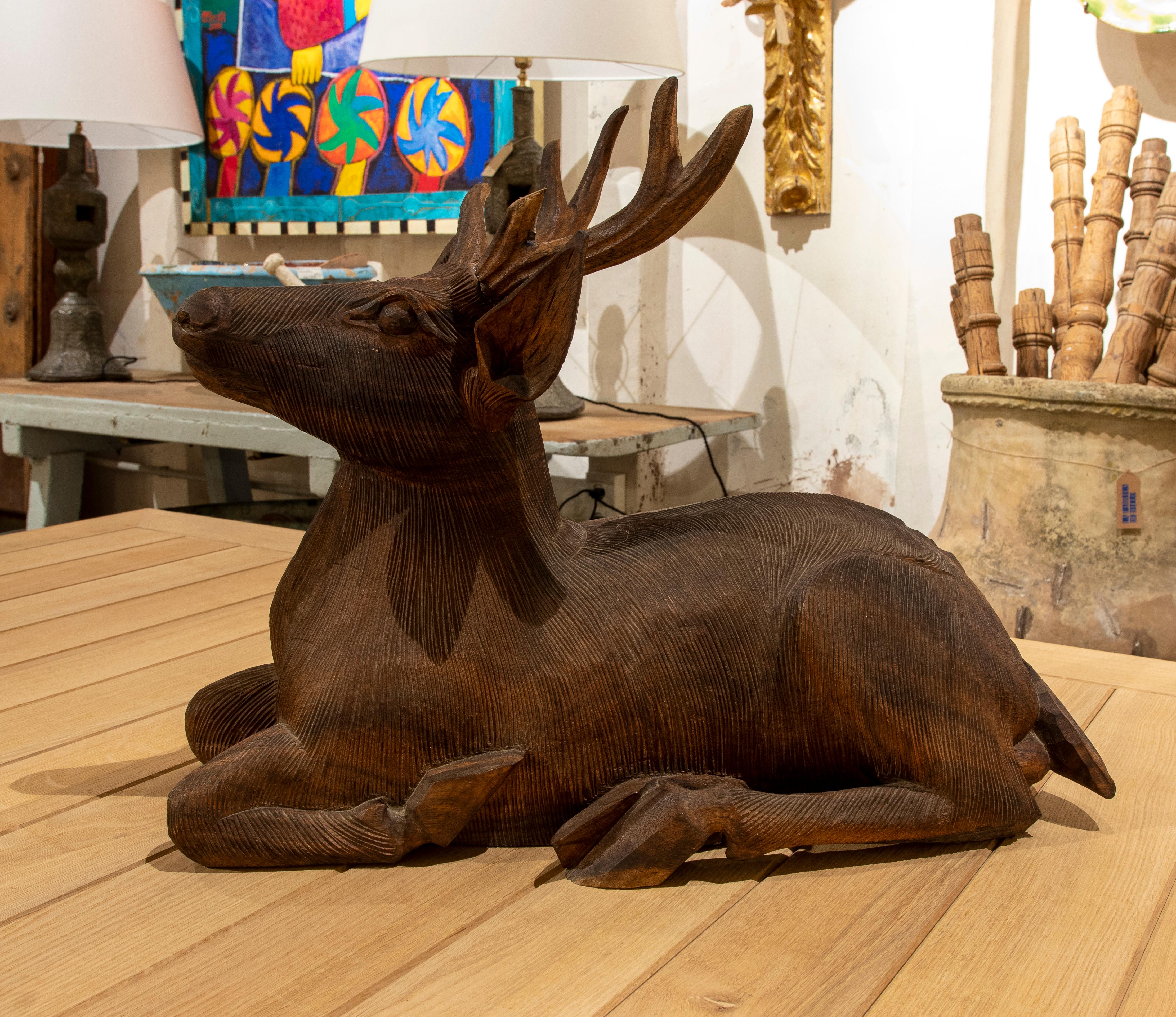 1970s Sculpture Carved in Wood of a Lying Deer  In Good Condition In Marbella, ES