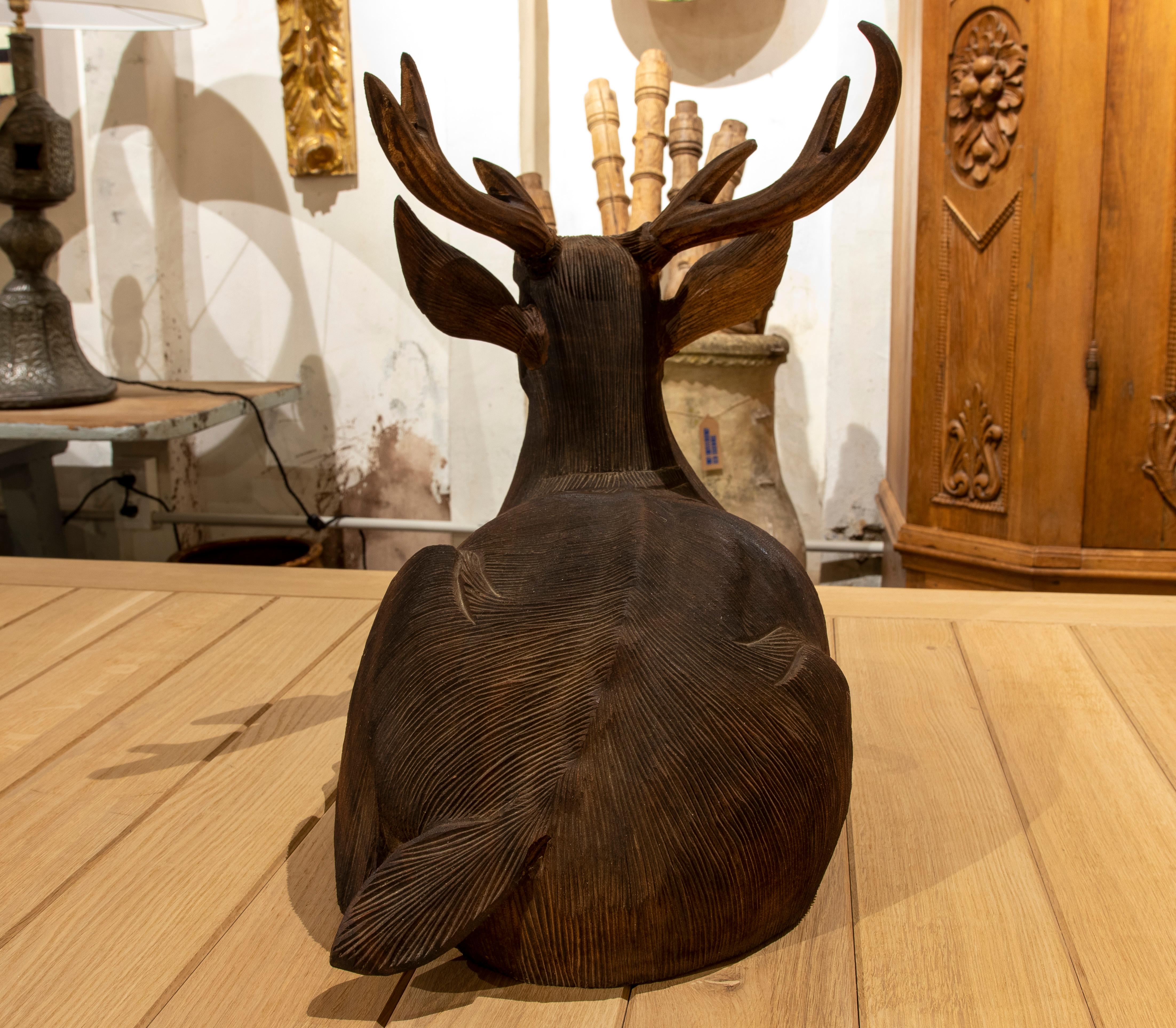 1970s Sculpture Carved in Wood of a Lying Deer  1