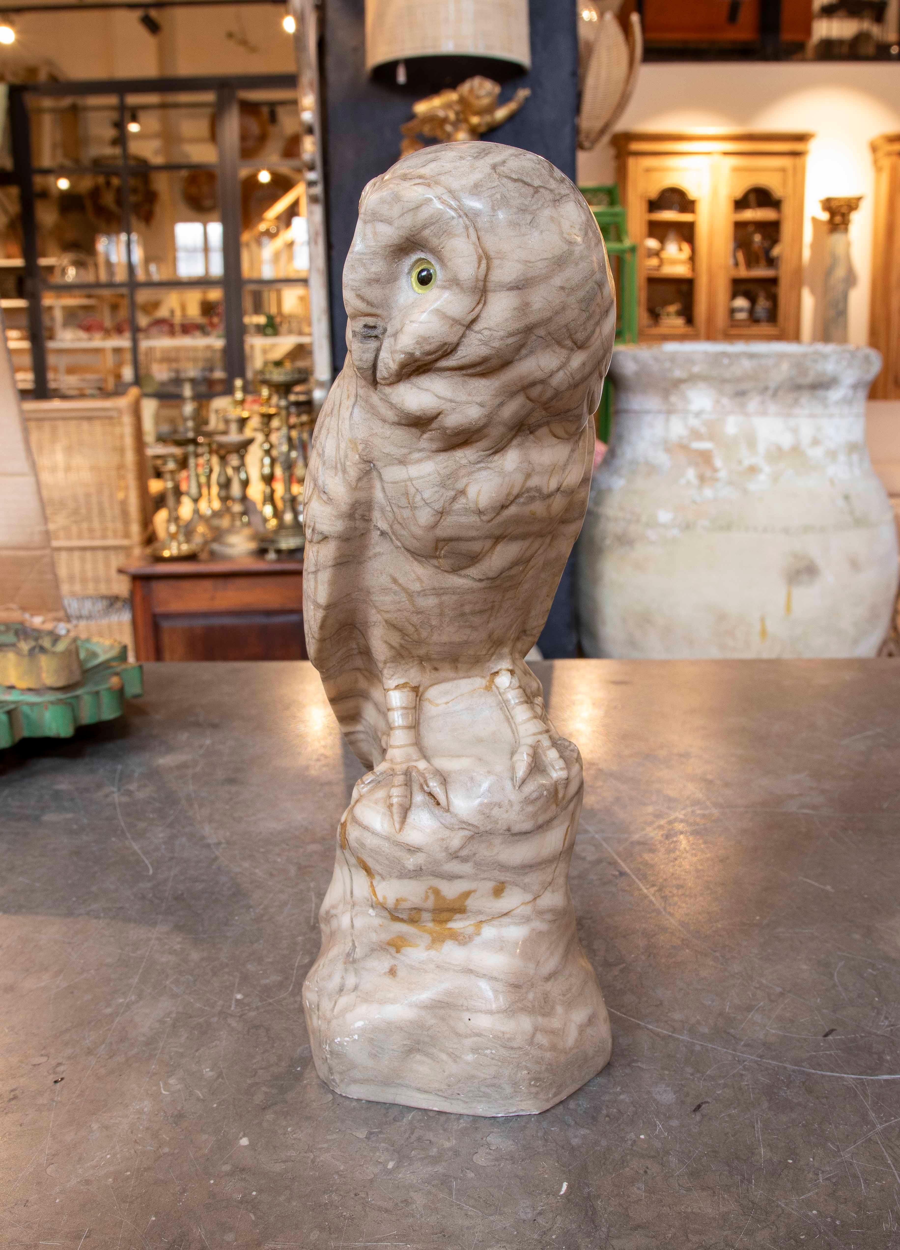 Hand-Carved 1970s Sculpture of Owl Carved in Italian Marble Veined For Sale