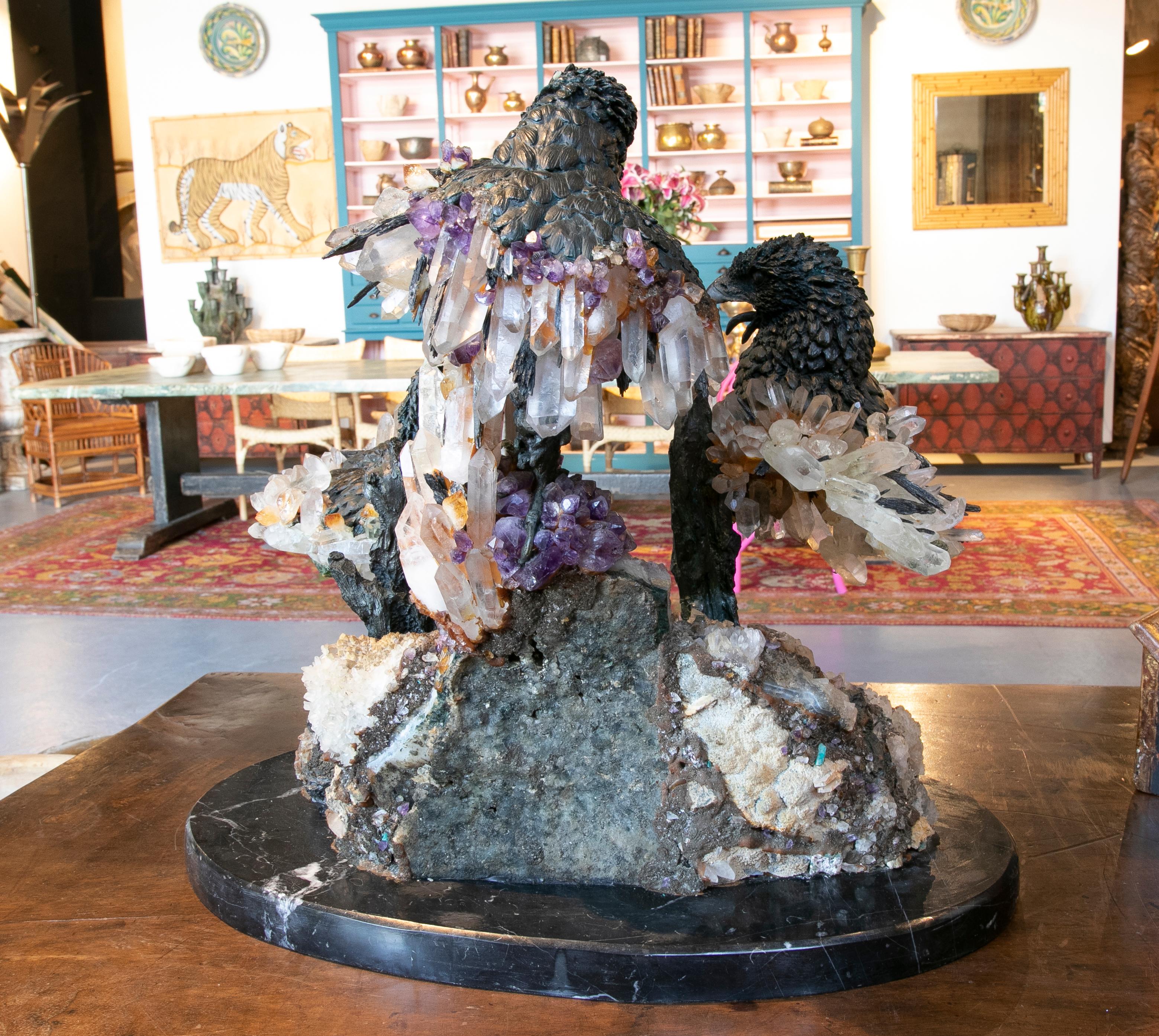 1970s Sculpture with Bronze Eagle Heads, Rock Crystal and Geodes 6