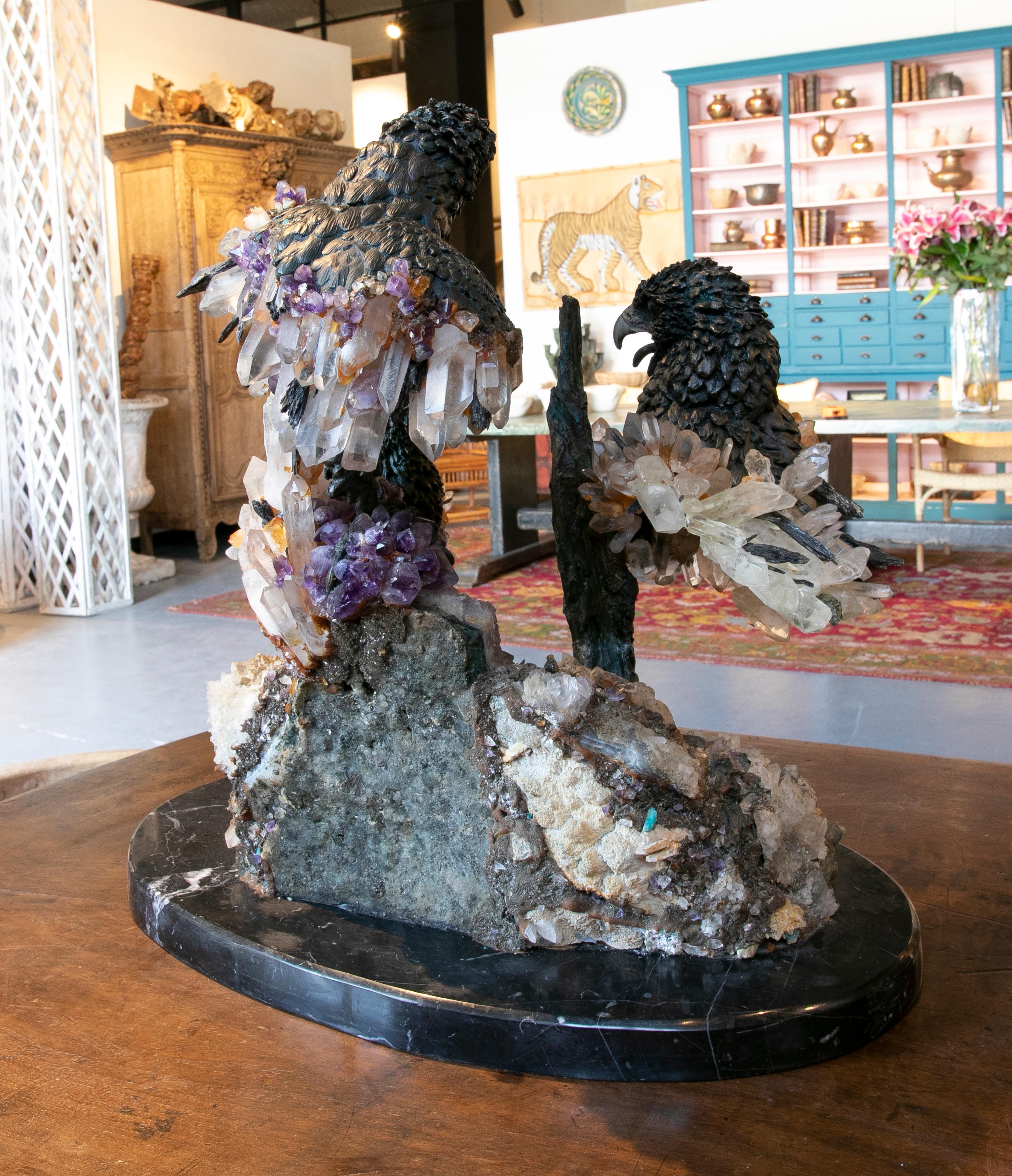 1970s Sculpture with Bronze Eagle Heads, Rock Crystal and Geodes 7