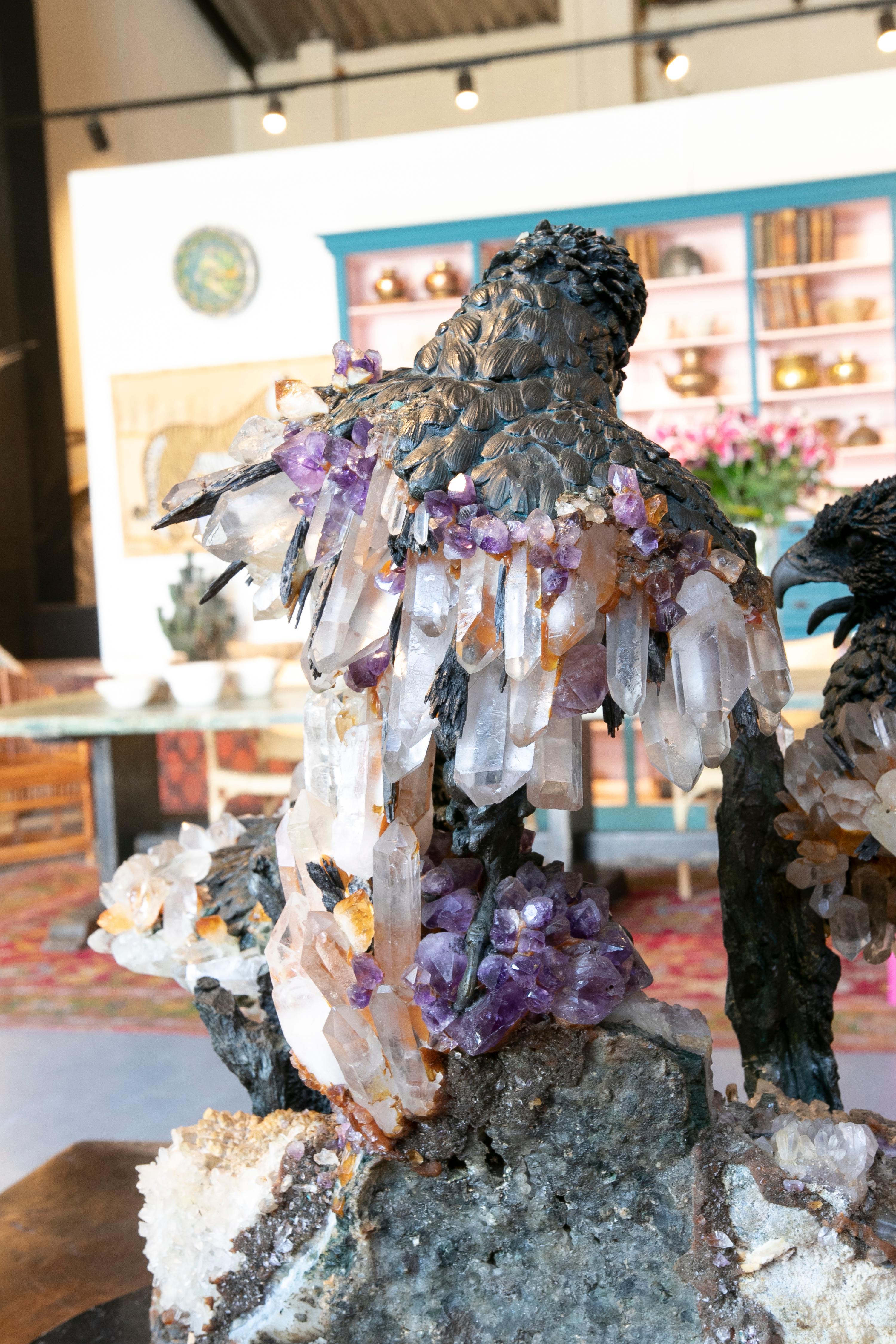 1970s Sculpture with Bronze Eagle Heads, Rock Crystal and Geodes 8