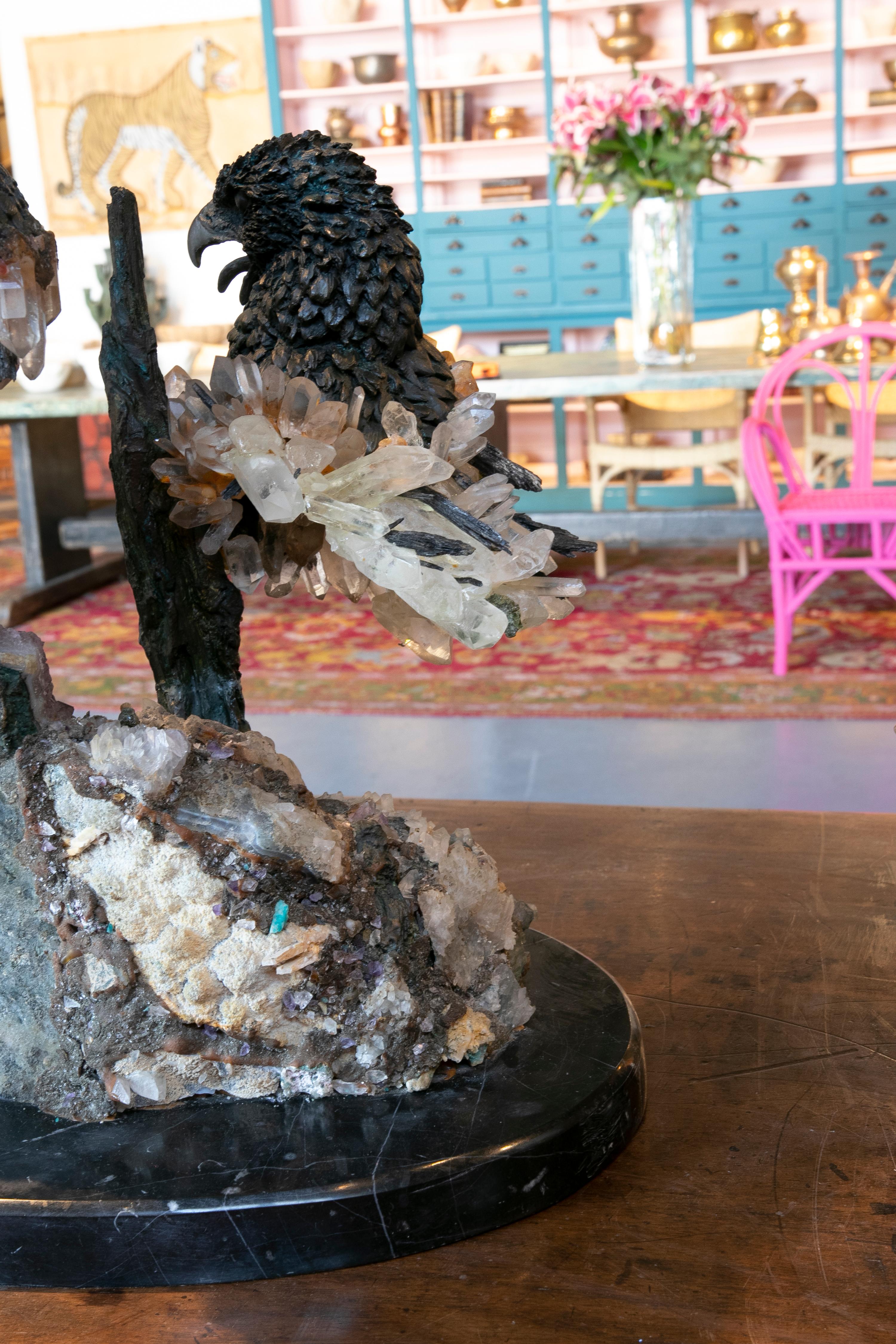 1970s Sculpture with Bronze Eagle Heads, Rock Crystal and Geodes 10