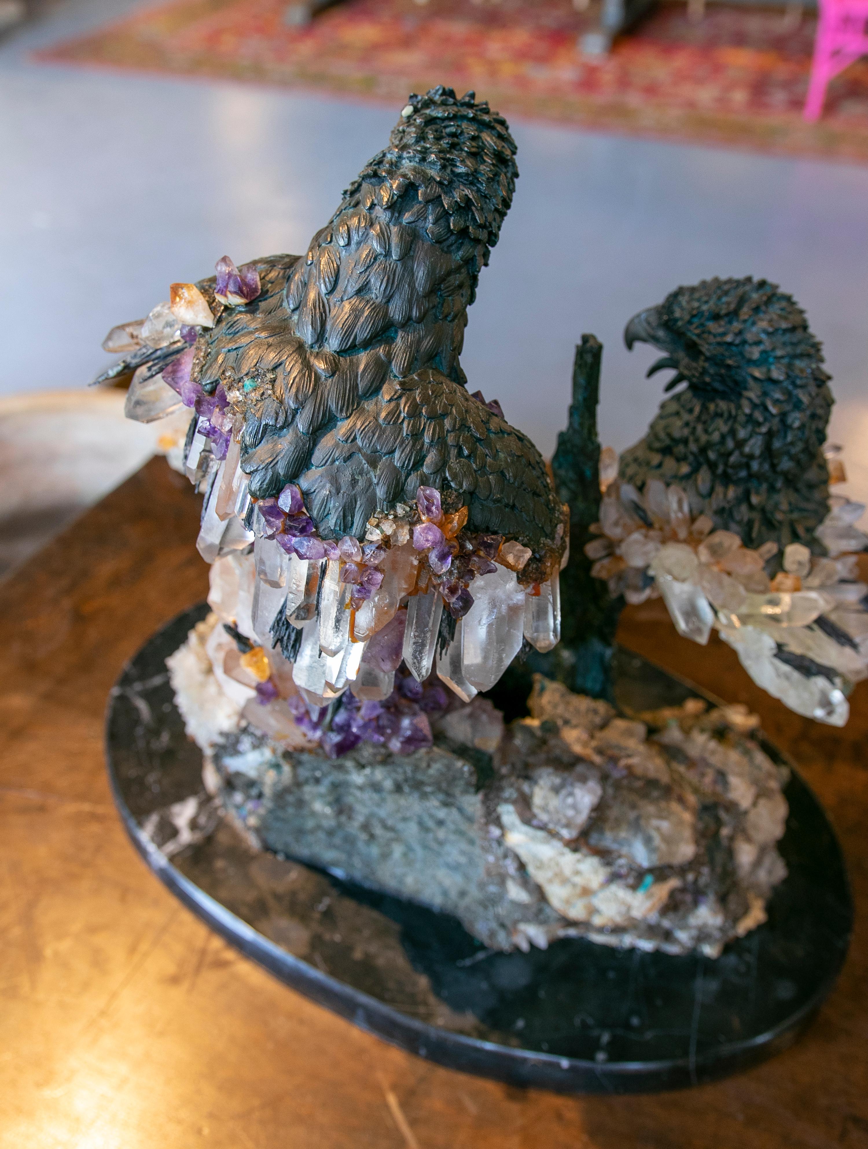 1970s Sculpture with Bronze Eagle Heads, Rock Crystal and Geodes 14