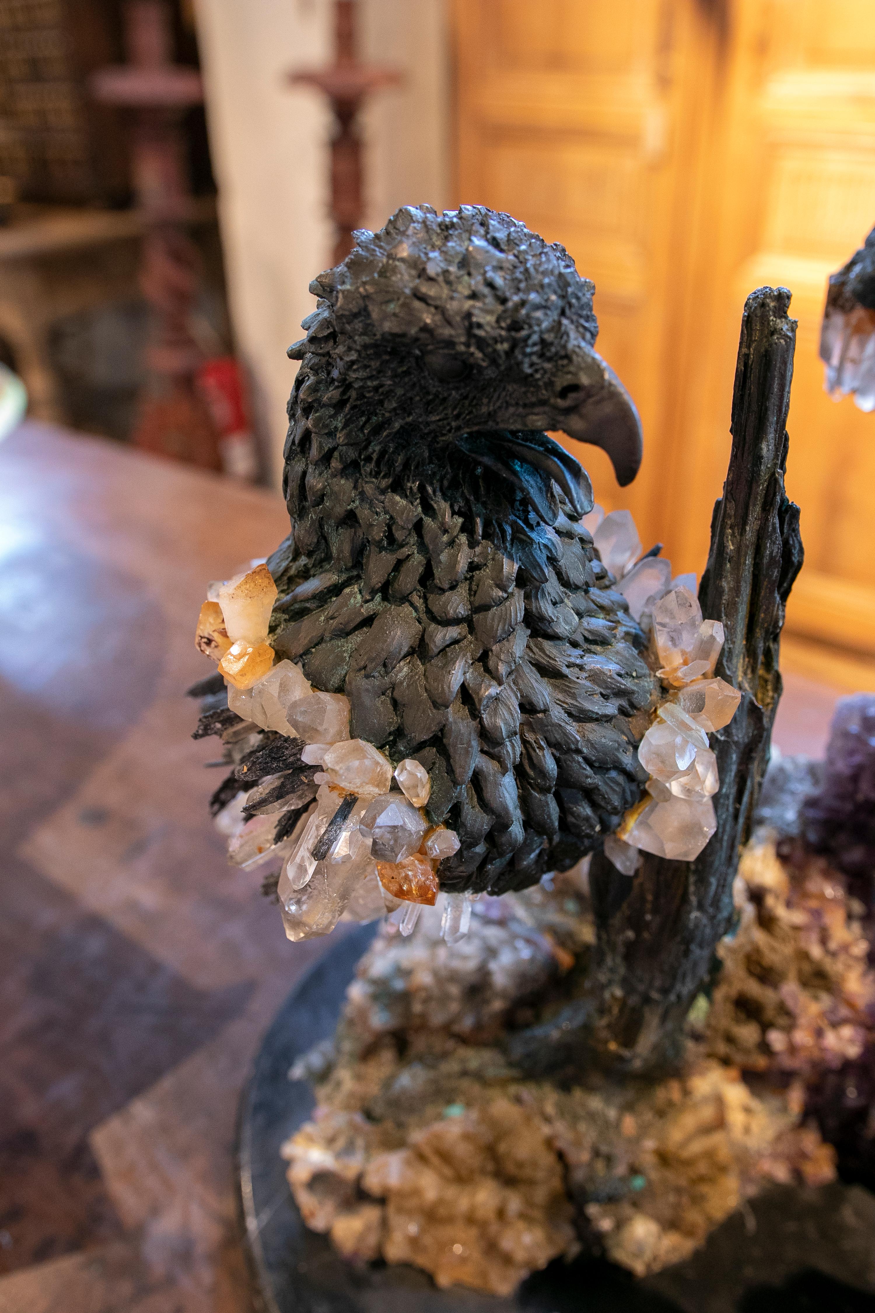 1970s Sculpture with Bronze Eagle Heads, Rock Crystal and Geodes 15