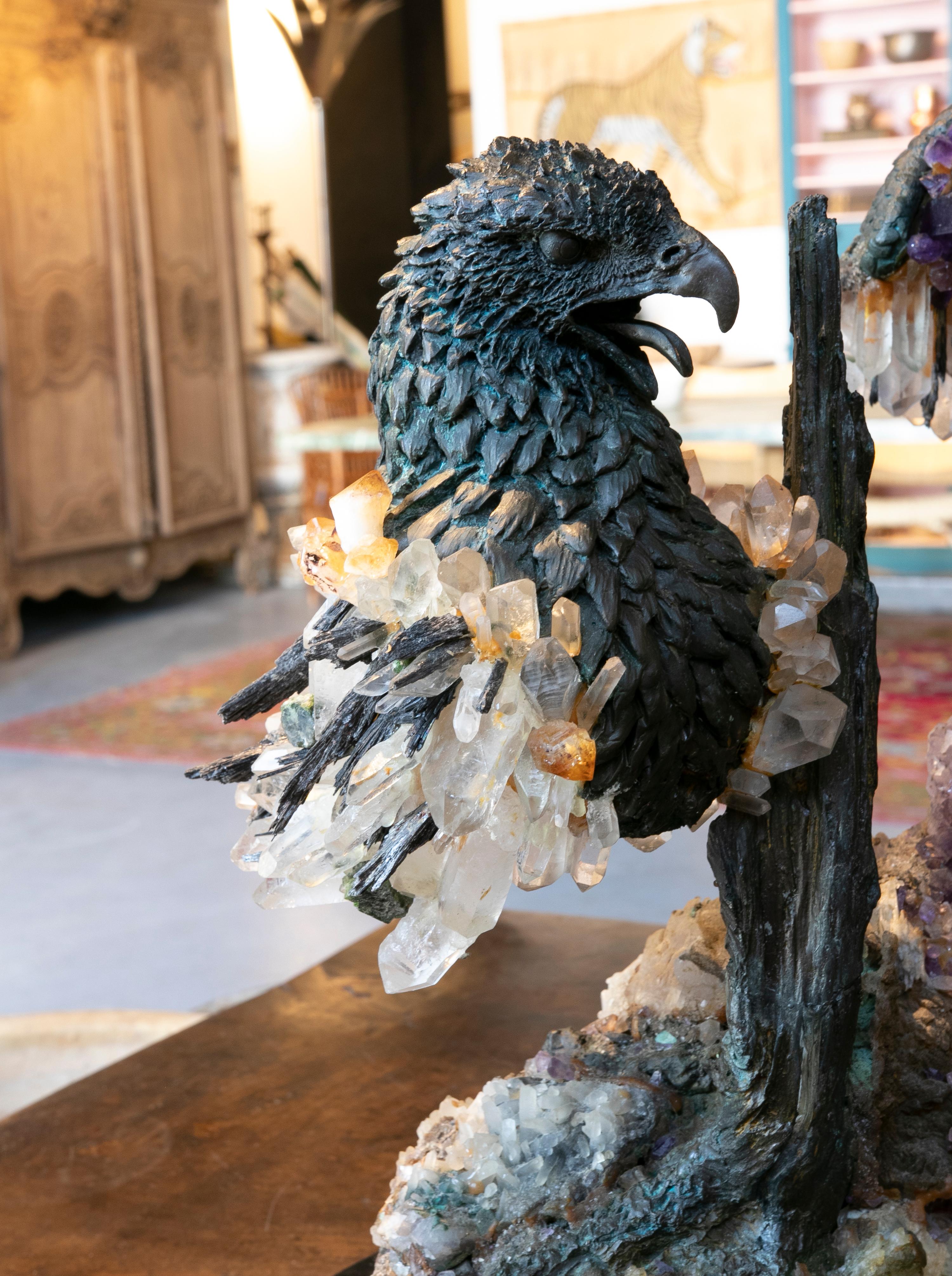 Spanish 1970s Sculpture with Bronze Eagle Heads, Rock Crystal and Geodes
