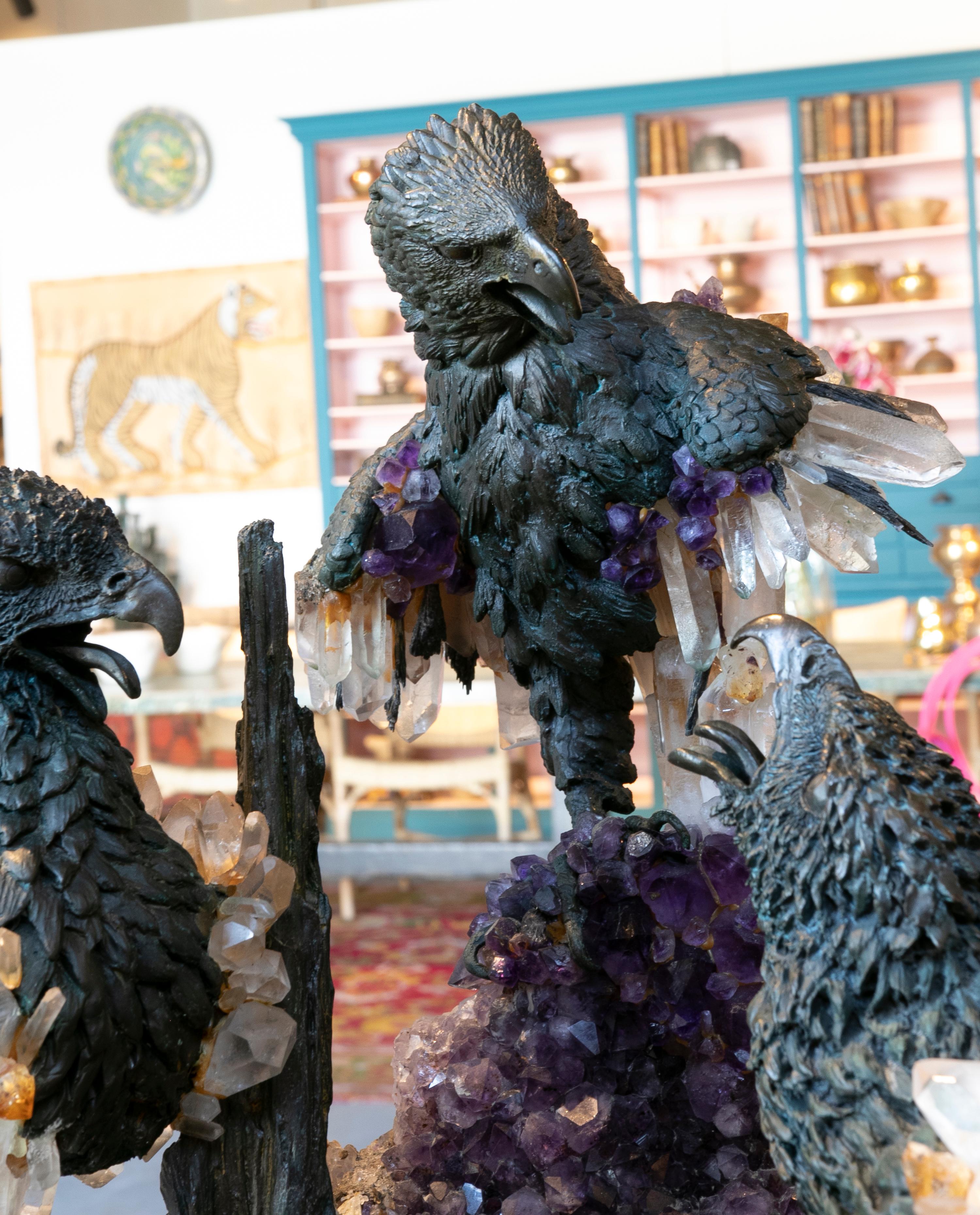 1970s Sculpture with Bronze Eagle Heads, Rock Crystal and Geodes In Good Condition In Marbella, ES