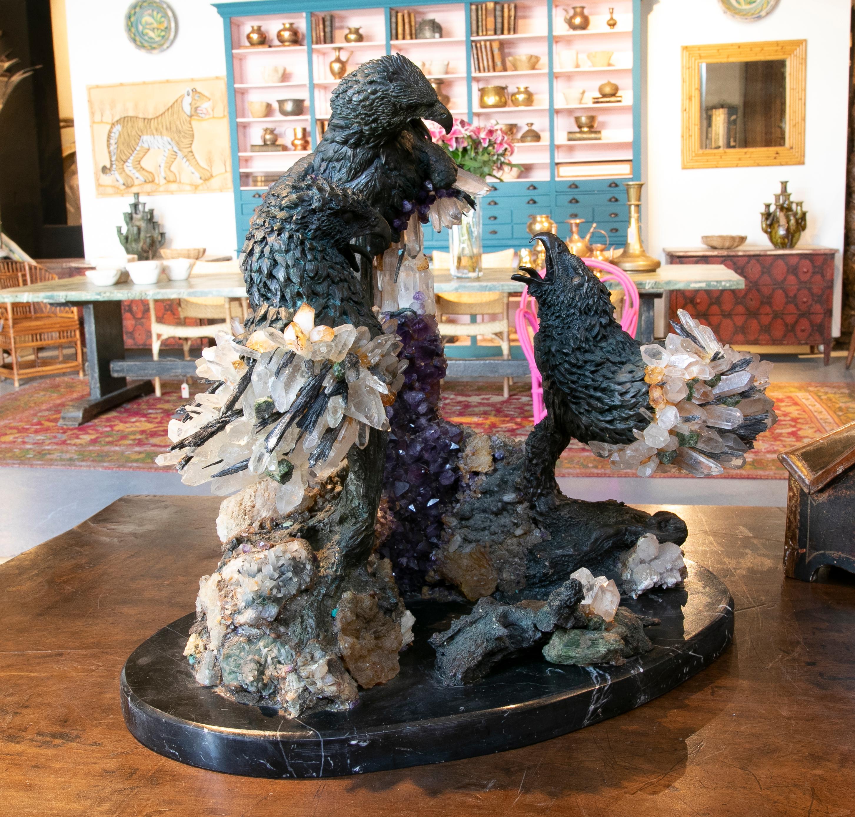 1970s Sculpture with Bronze Eagle Heads, Rock Crystal and Geodes 4