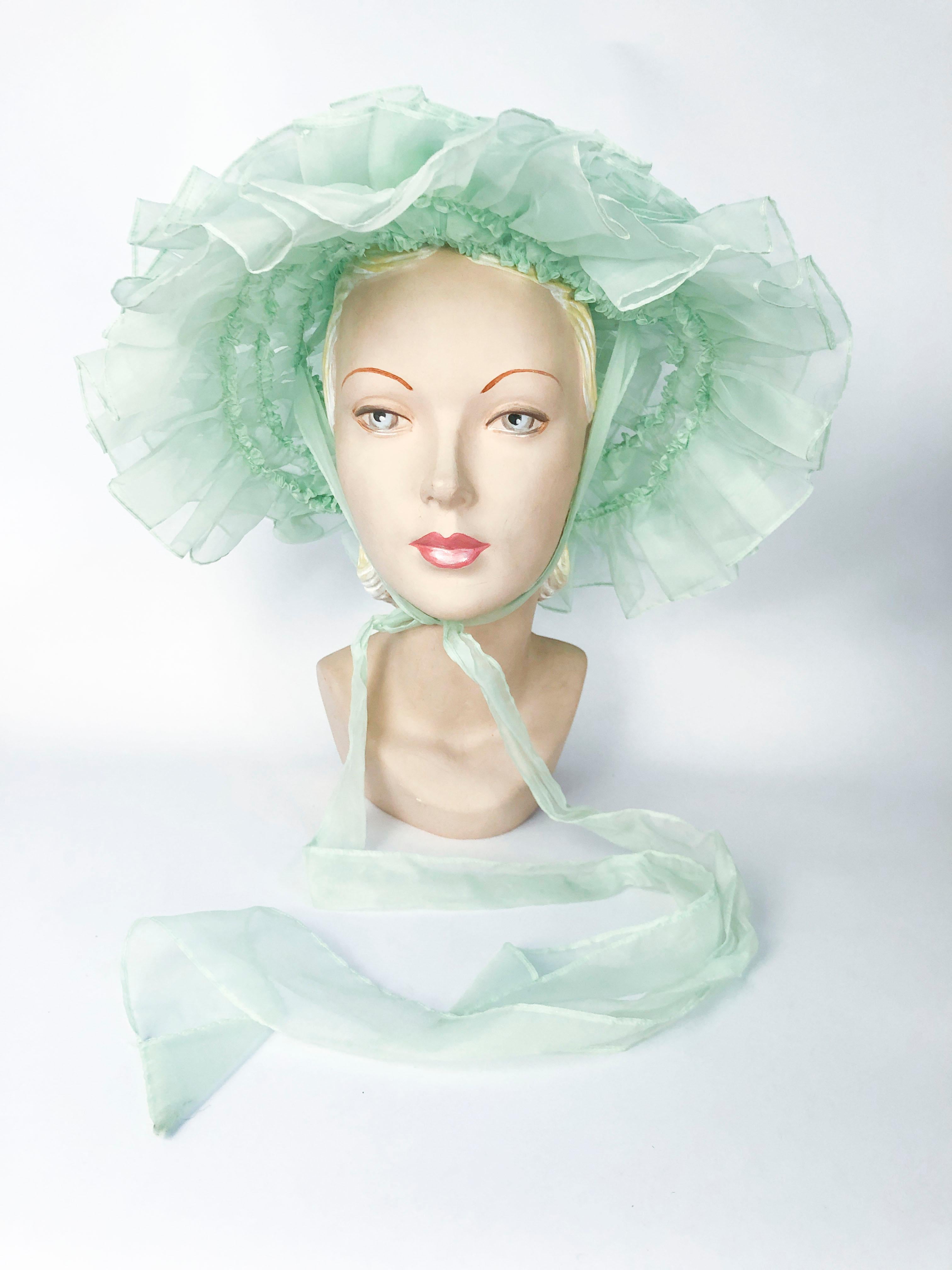 Gray 1970's Sea Foam Green Whimsical Fashion Hat with Layered Ruffles For Sale
