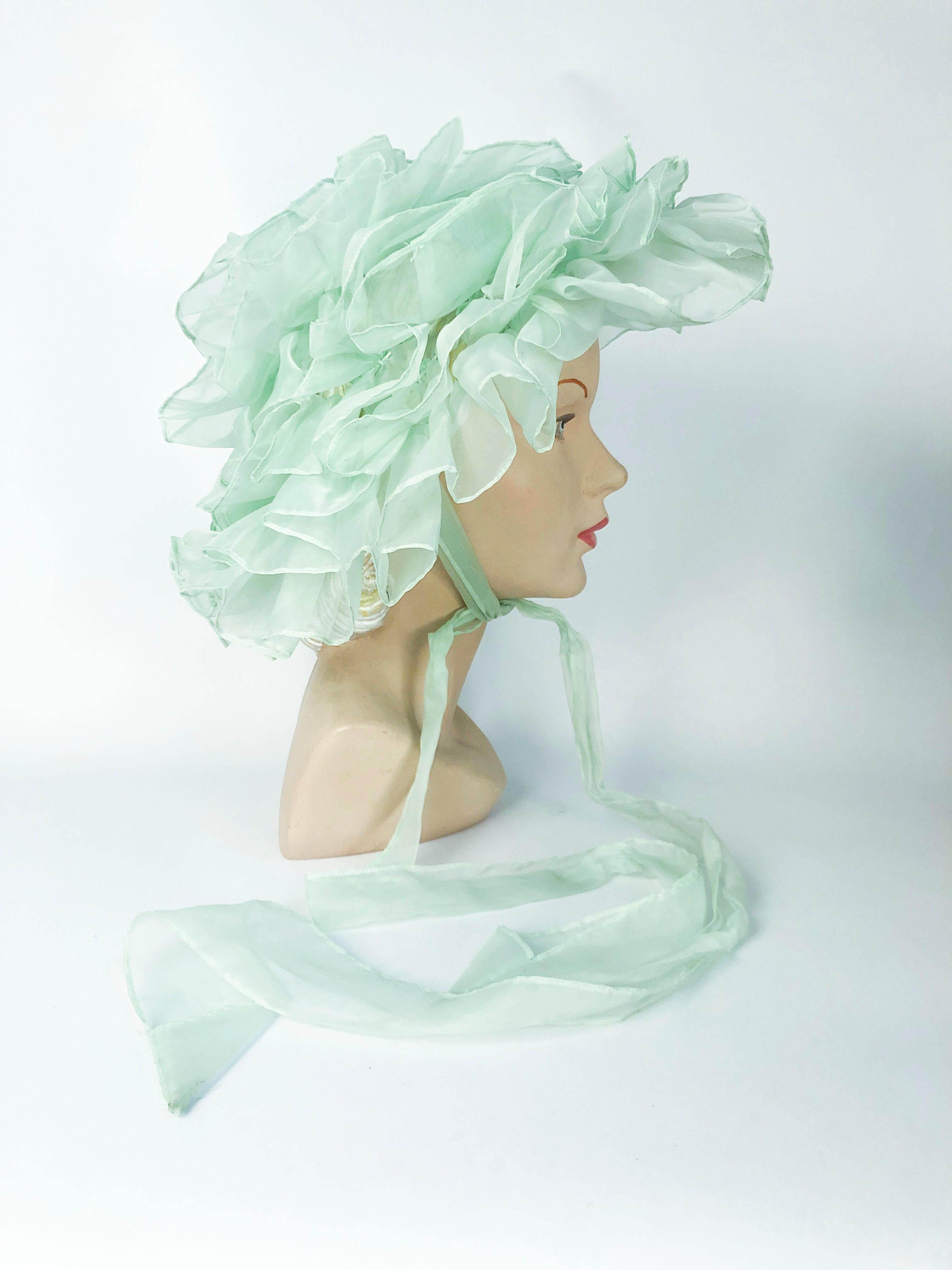 1970's Sea Foam Green Whimsical Fashion Hat with Layered Ruffles In Good Condition For Sale In San Francisco, CA