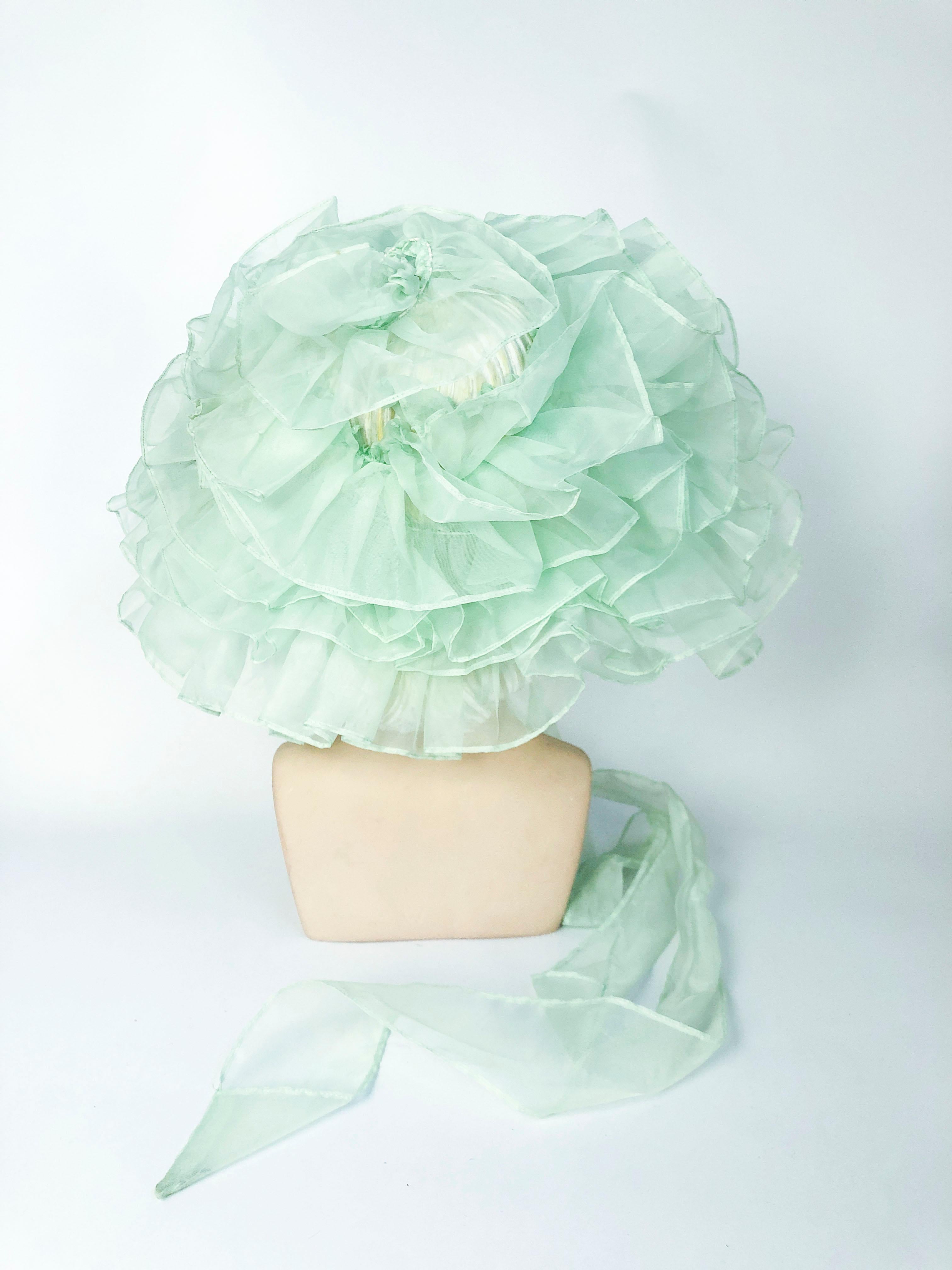 Women's 1970's Sea Foam Green Whimsical Fashion Hat with Layered Ruffles For Sale