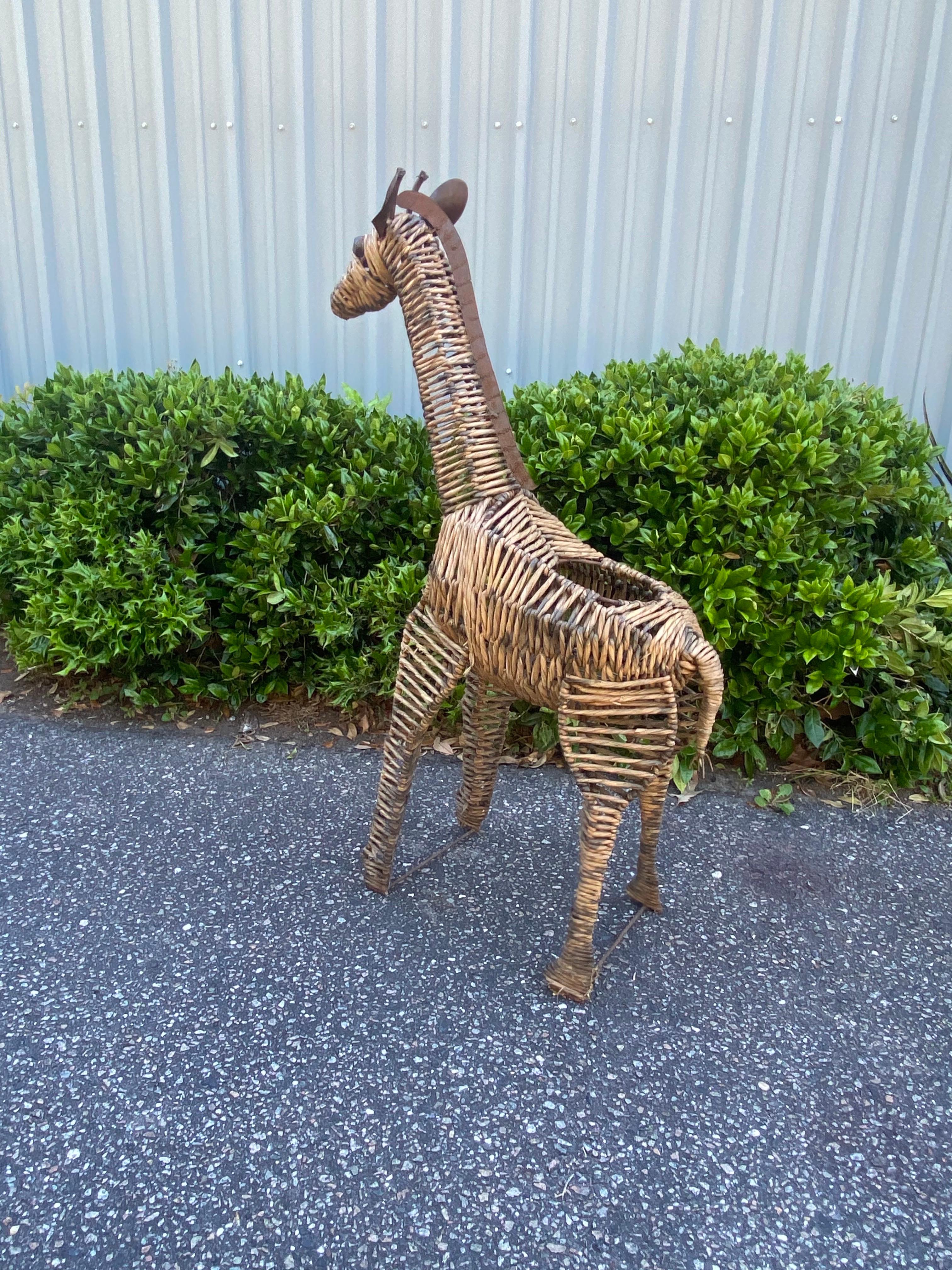 Bohemian 1970’s sea grass and metal Giraffe Standing Sculptural Planter For Sale